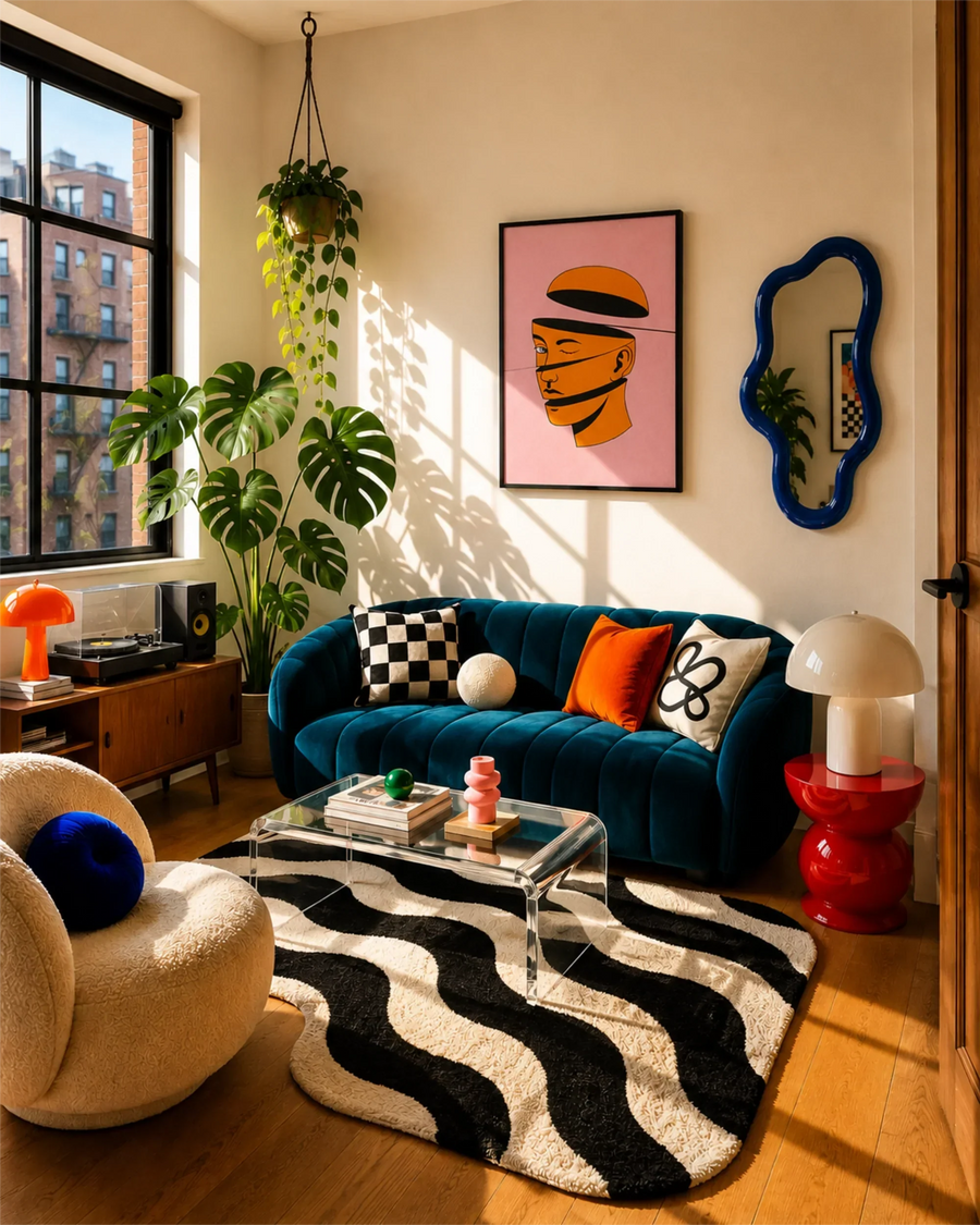 Open Mind art print above a teal velvet sofa in a sunny living room with plants