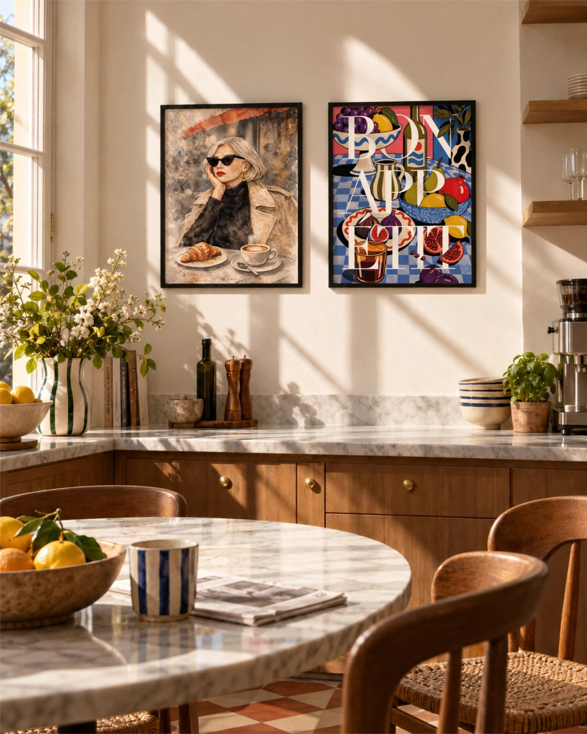 The Usual and Bon Appétit kitchen wall art prints above a marble counter in a warm, sunlit kitchen
