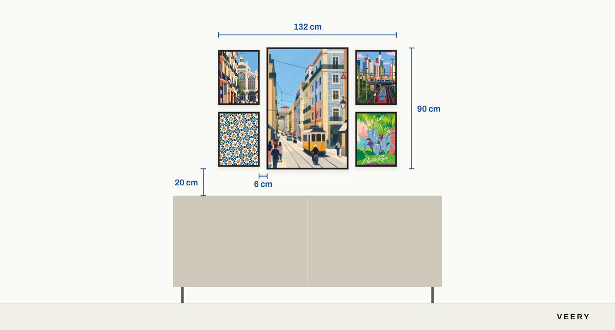 Salon style gallery wall: one 60 × 90 cm print and four 30 × 40 cm city prints above a sideboard