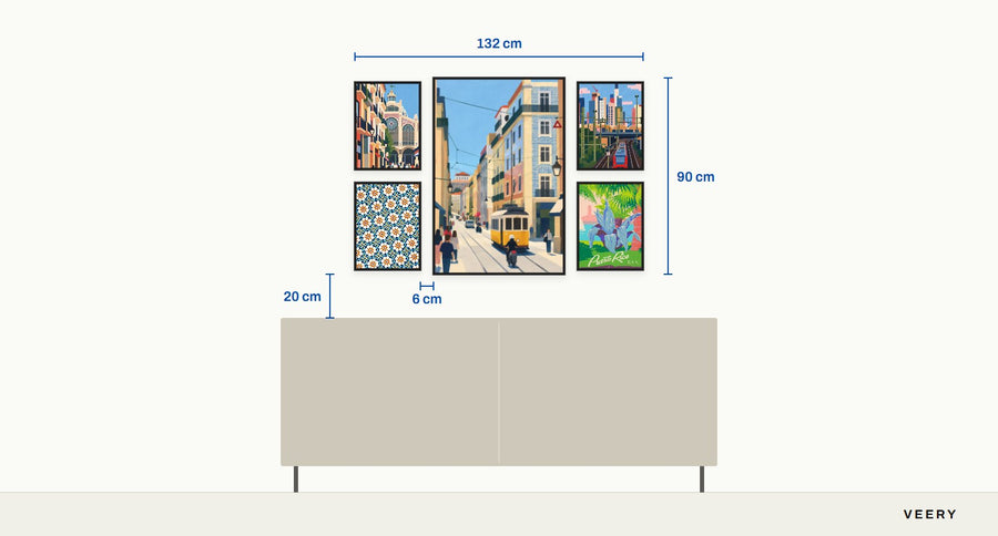 Salon style gallery wall: one 60 × 90 cm print and four 30 × 40 cm city prints above a sideboard