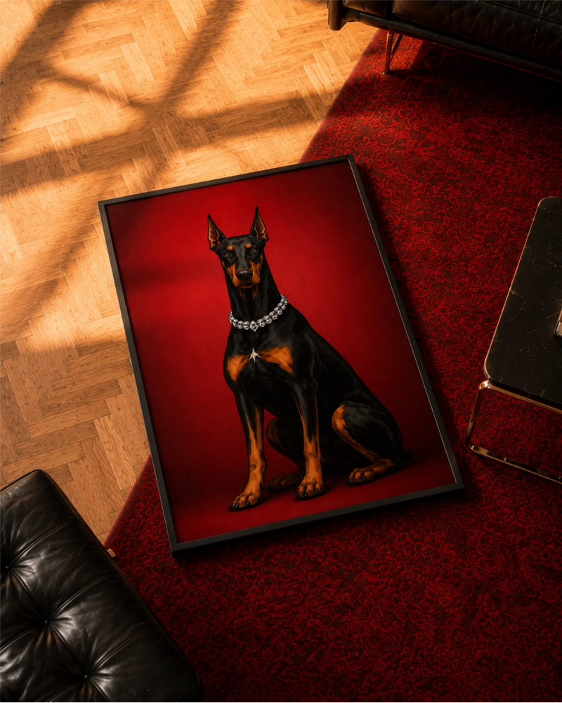 Top Dog art print in a black frame resting on a red patterned rug beside black leather furniture.
