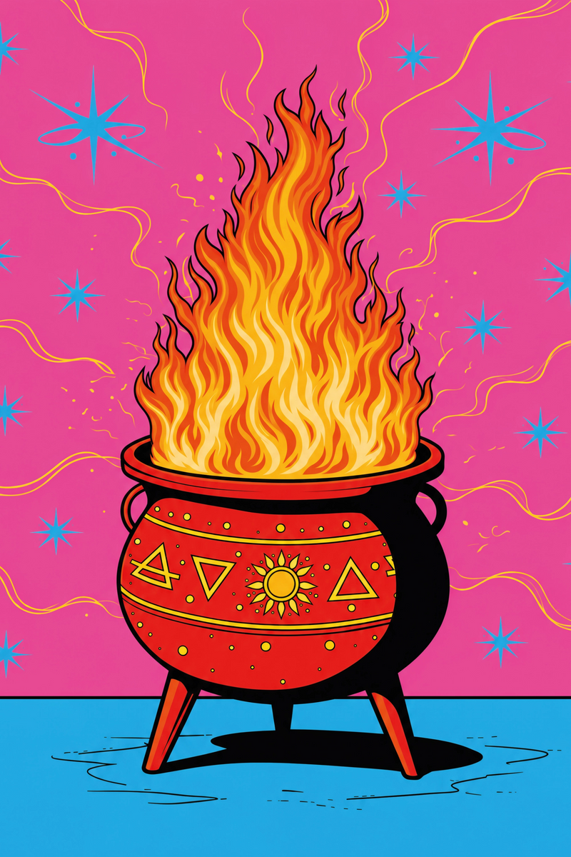 Hot Spell art print featuring a red cauldron with a tall orange flame, celestial symbols, blue stars and a hot pink background.