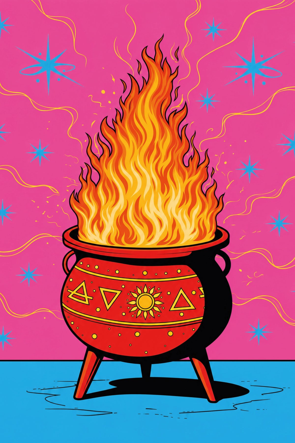 Affiche Hot Spell avec un chaudron rouge et une haute flamme orange, des symboles célestes et des étoiles bleues sur fond rose vif