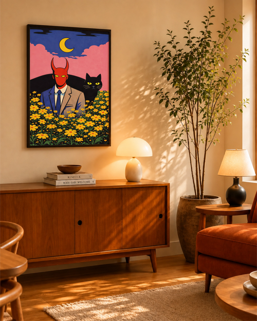 Demon in Bloom art print in a black frame above a wooden sideboard in a warm living room with a tall indoor tree.