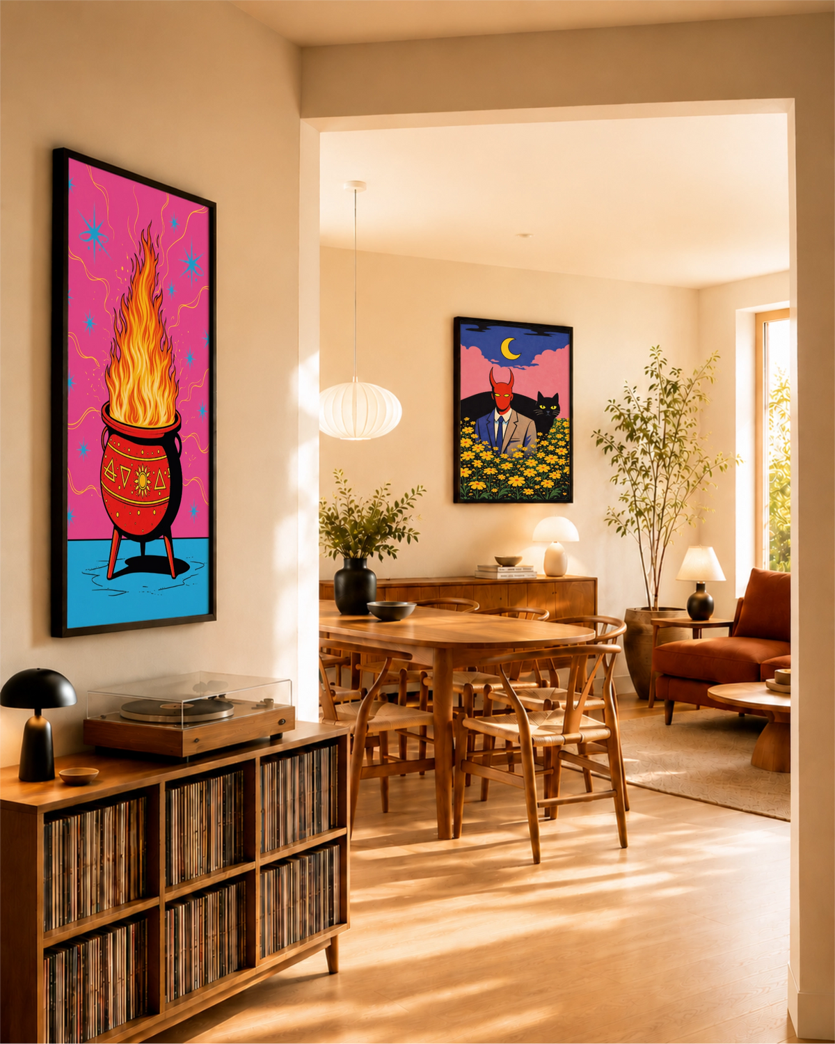 Hot Spell art print displayed beside Demon in Bloom in a sunlit dining and living space with warm wood furniture.