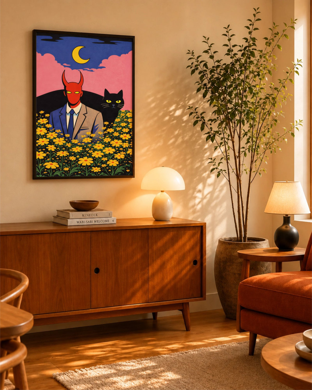 Demon in Bloom art print in a black frame above a wooden sideboard in a warm living room with a tall indoor tree.