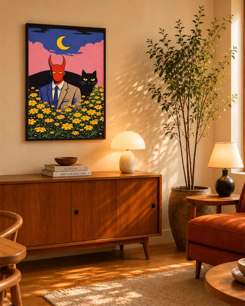 Demon in Bloom art print in a black frame above a wooden sideboard in a warm living room with a tall indoor tree.