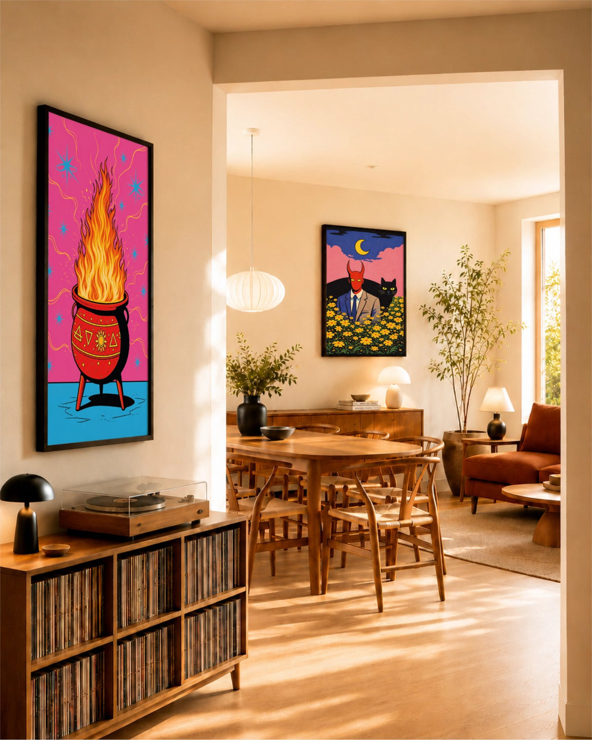 Hot Spell art print displayed beside Demon in Bloom in a sunlit dining and living space with warm wood furniture.