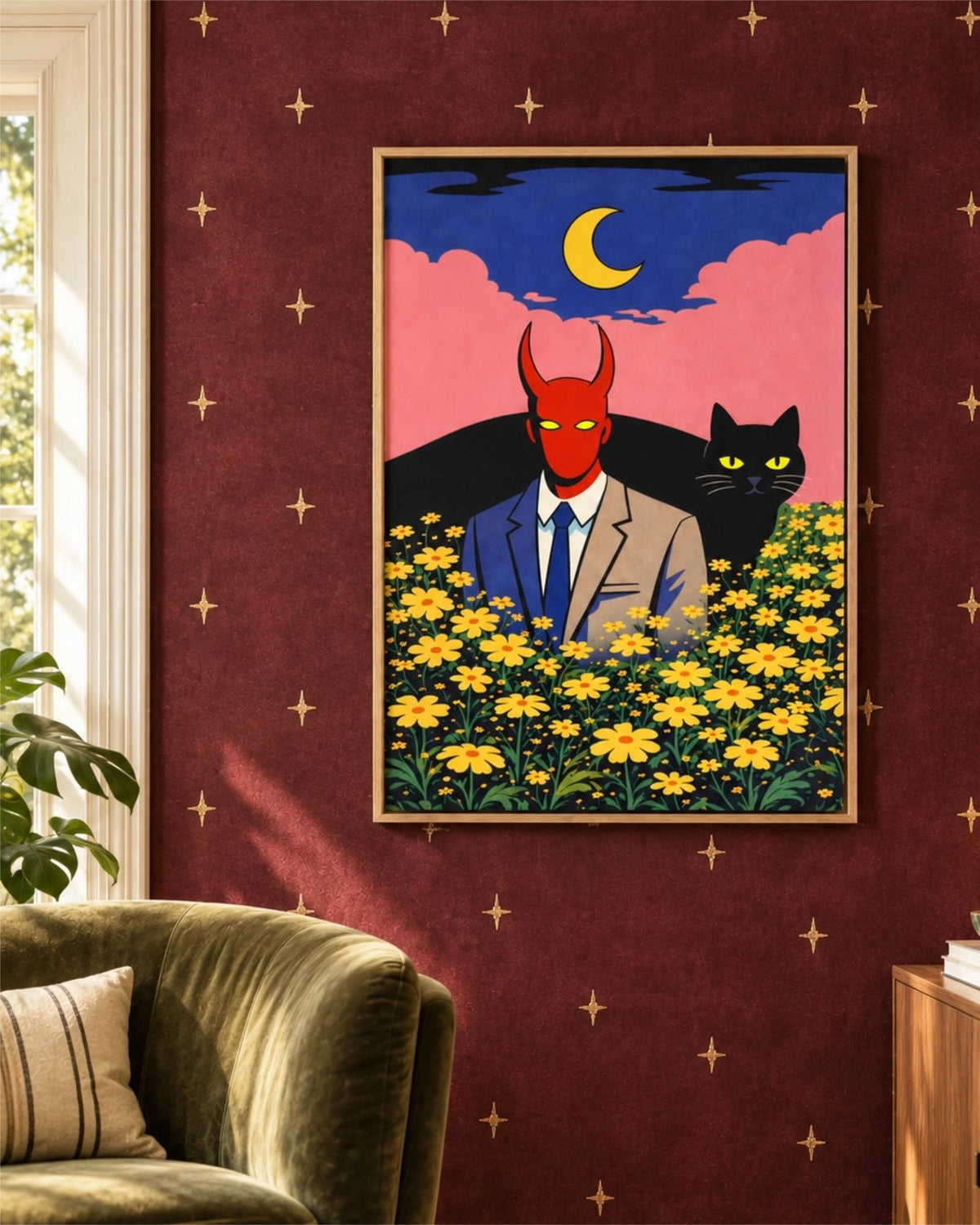 Demon in Bloom art print in a natural wood frame on burgundy star-patterned wallpaper beside a green velvet chair.