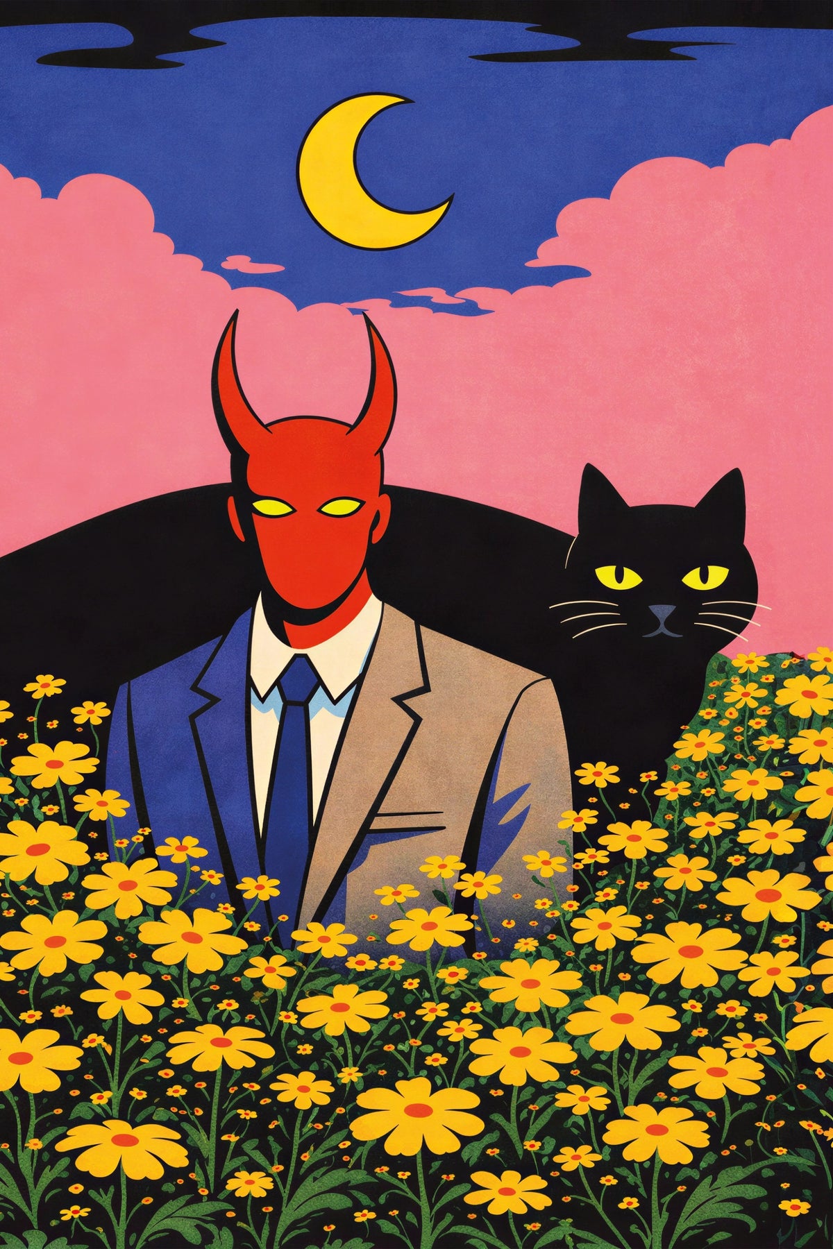 Demon in Bloom art print featuring a red horned figure in a suit, a black cat, yellow flowers and a crescent moon beneath pink clouds.