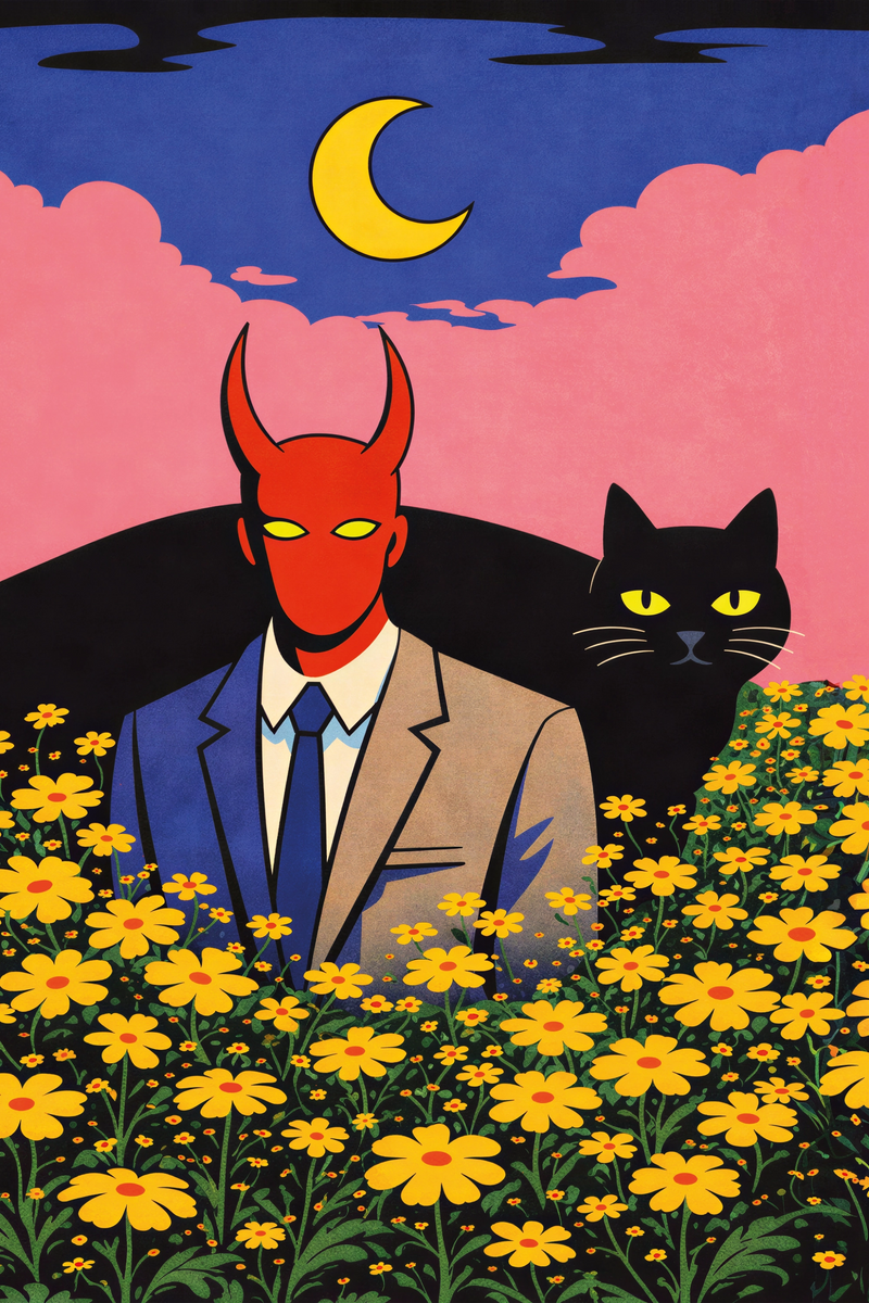 Stampa d’arte Demon in Bloom con una figura rossa con le corna in completo, un gatto nero, fiori gialli e una falce di luna sotto nuvole rosa.