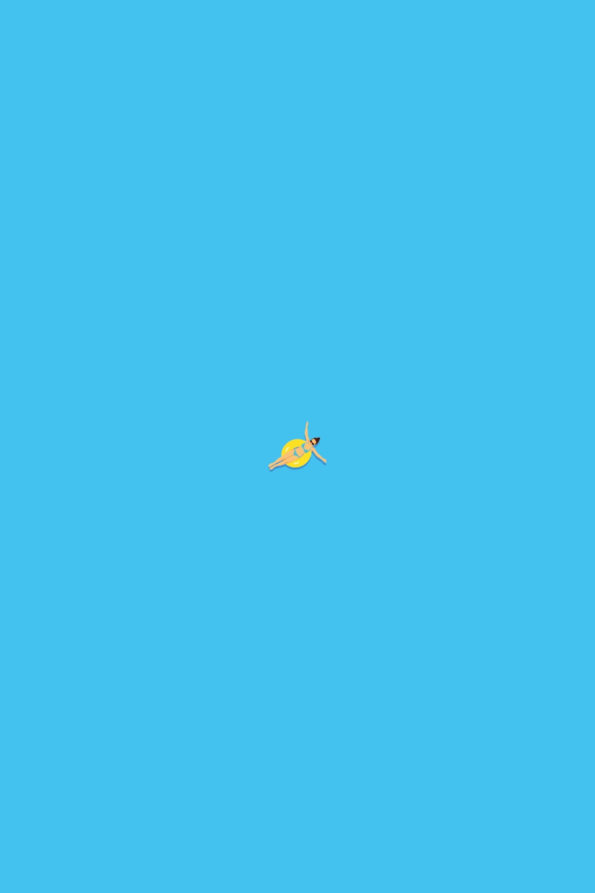 Minimalist pool art print of a tiny swimmer floating on a yellow ring in a large field of bright blue water.