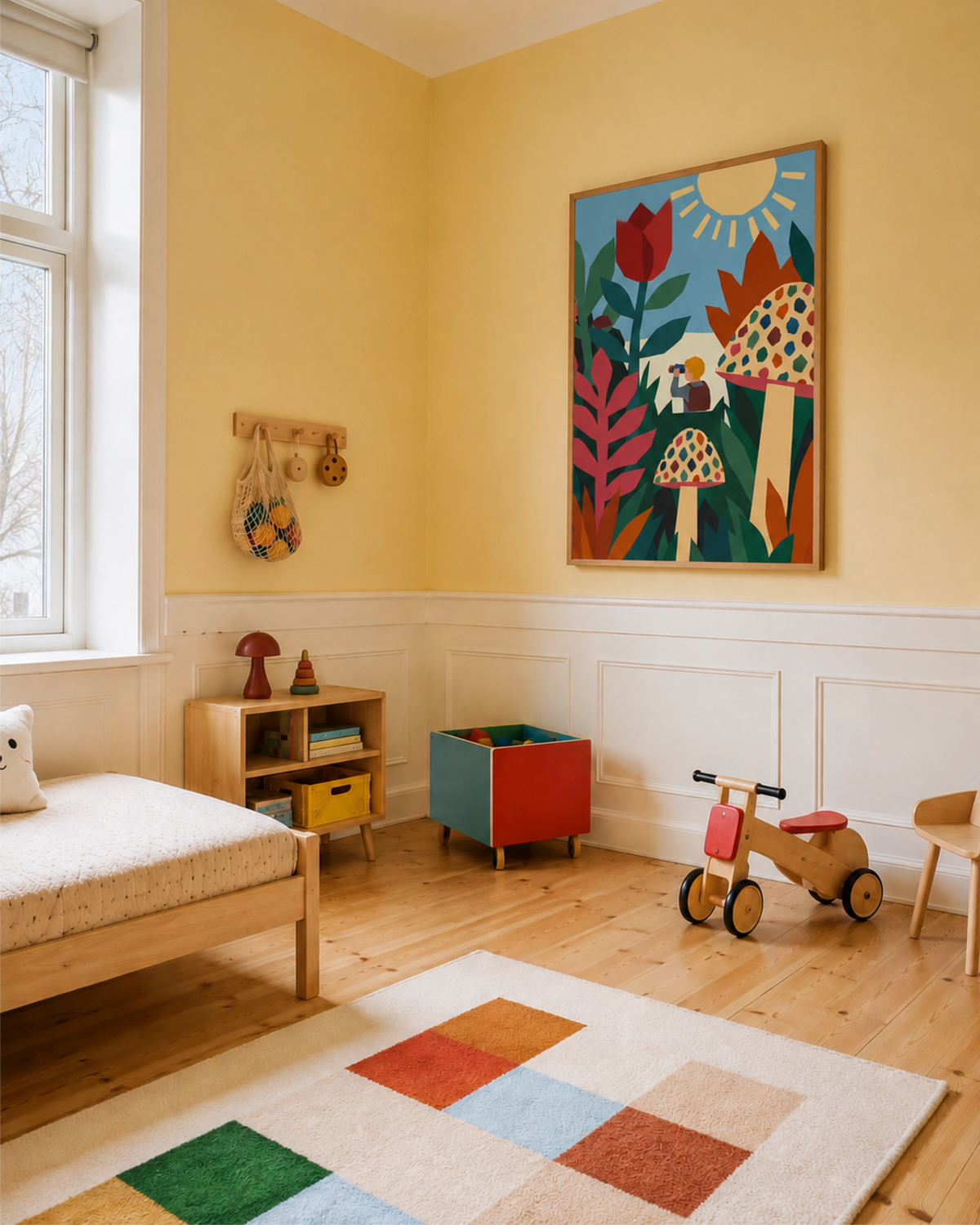 Field Trip art print framed on a yellow wall in a colorful bedroom, featuring oversized flowers, mushrooms and a small explorer.