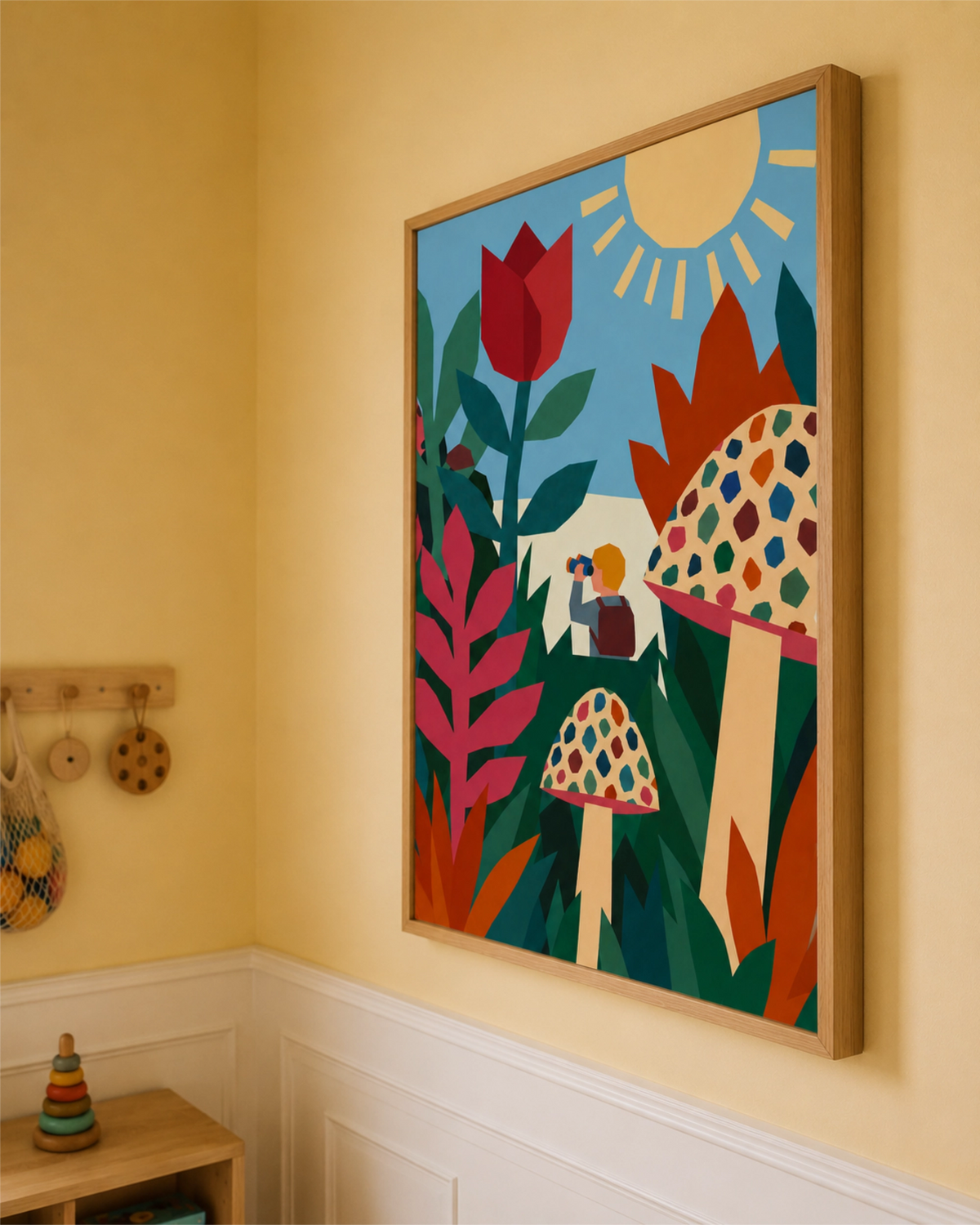 Close-up of the Field Trip art print in a natural wood frame, showing geometric flowers, patterned mushrooms and a small explorer.