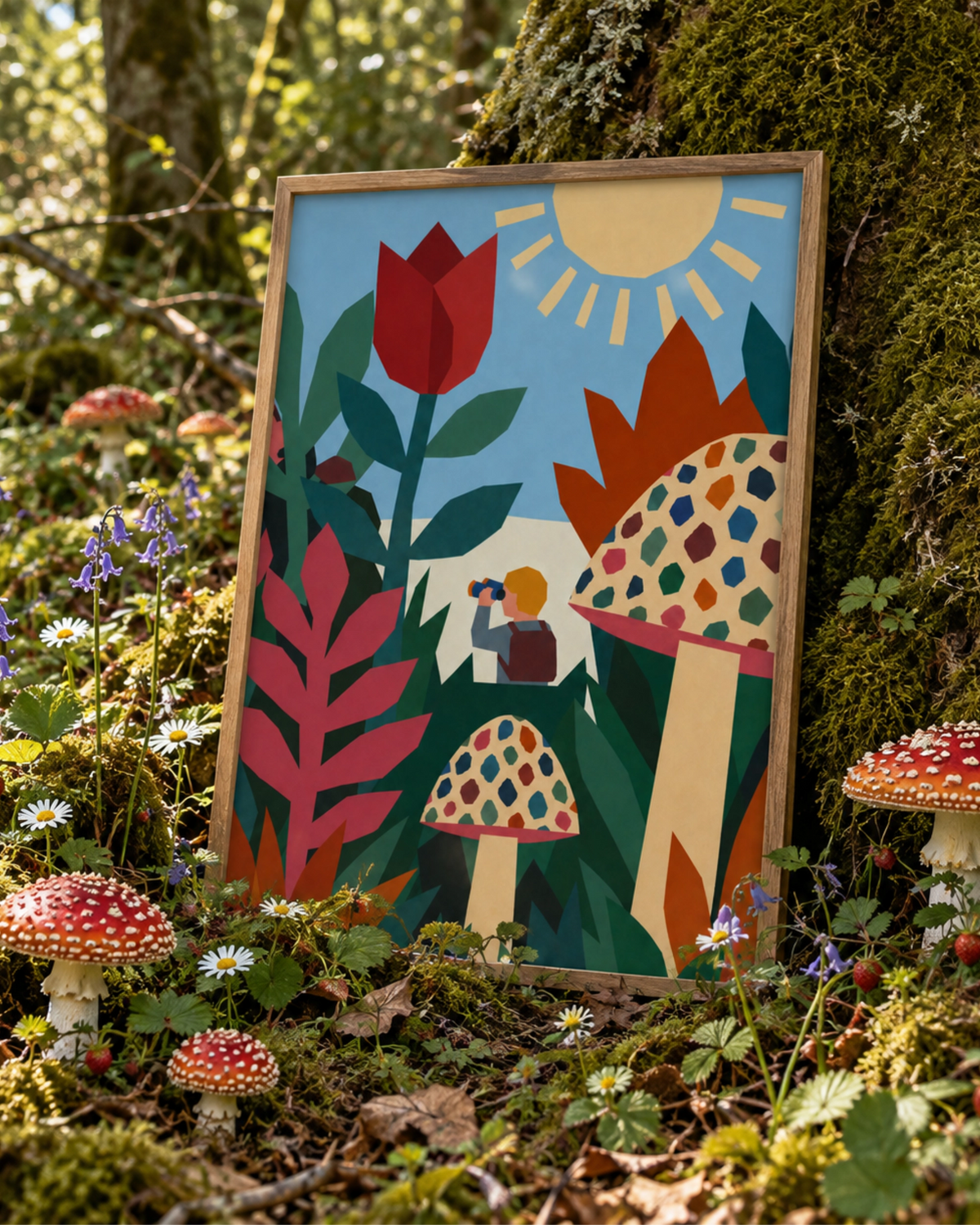 Field Trip art print displayed against a mossy tree in a woodland setting, featuring colorful mushrooms, flowers and a small explorer.