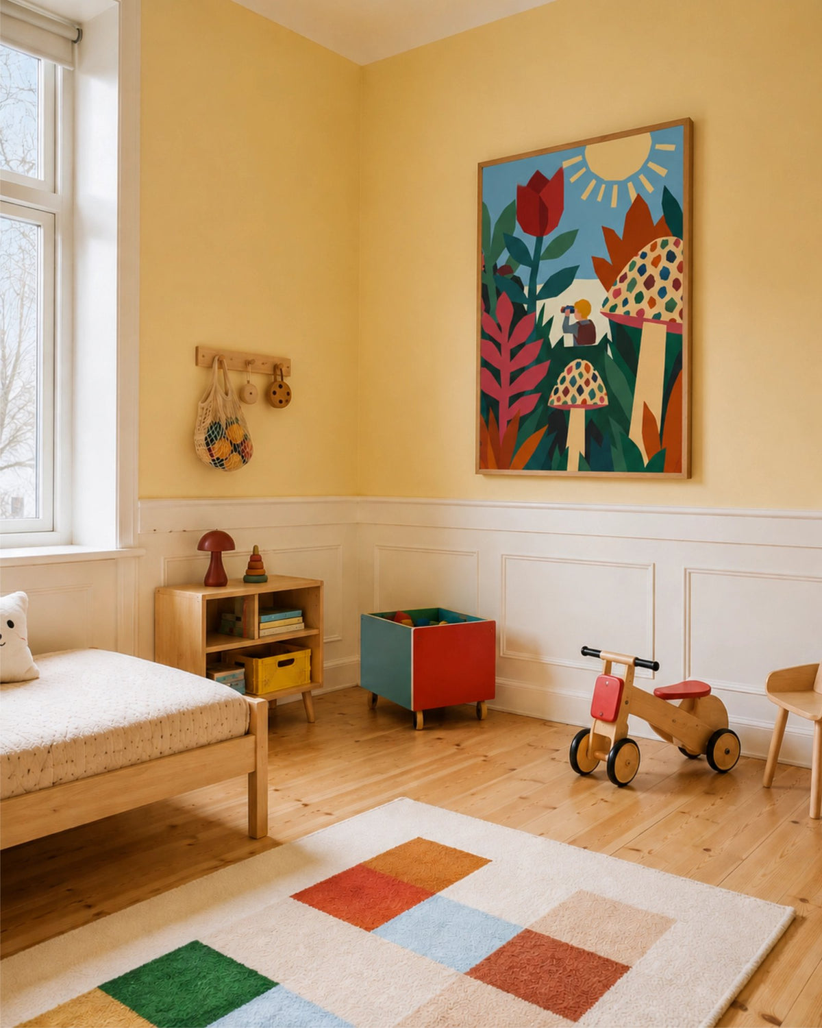 Field Trip art print framed on a yellow wall in a colourful bedroom, featuring oversized flowers, mushrooms and a small explorer.
