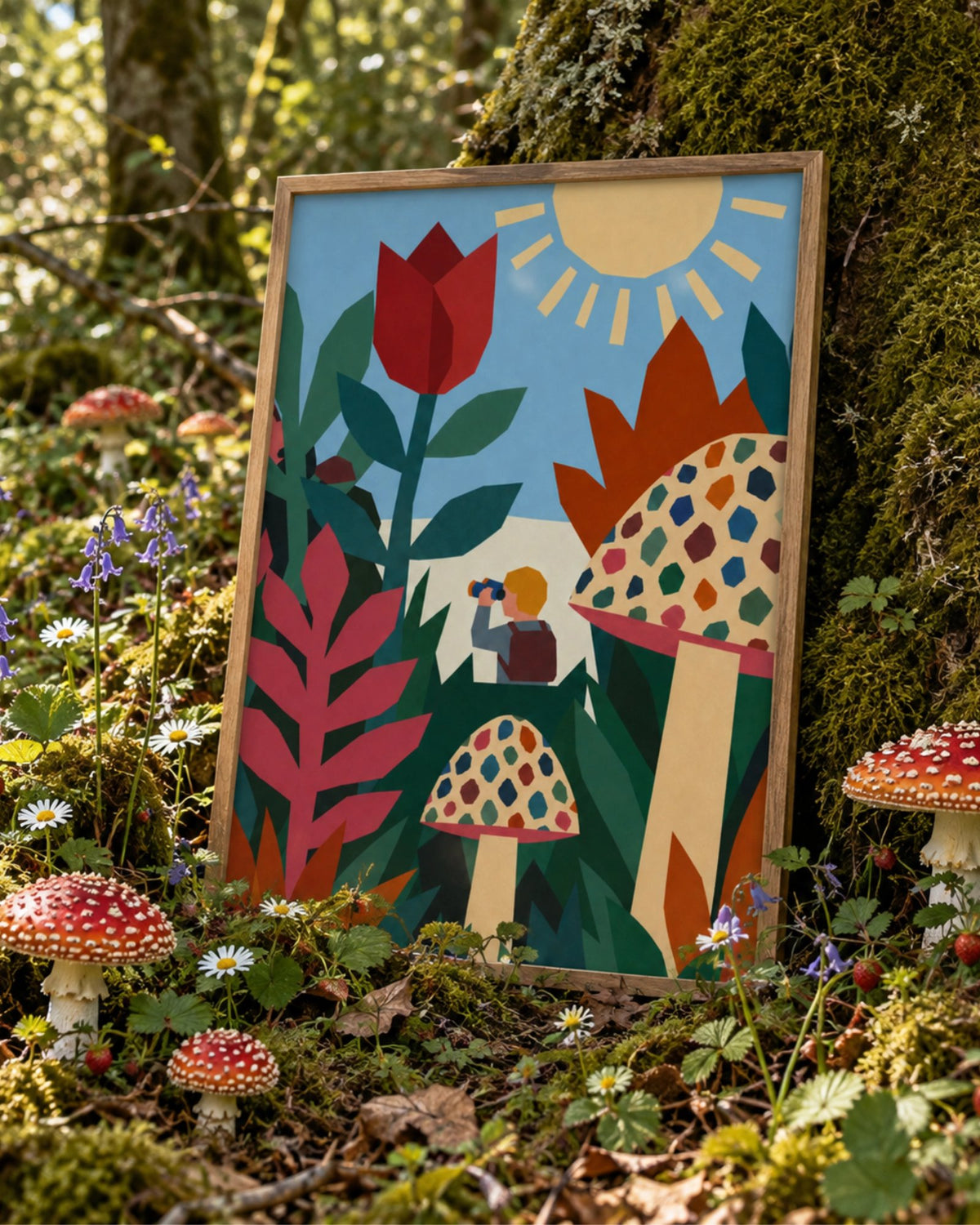 Field Trip art print displayed against a mossy tree in a woodland setting, featuring colourful mushrooms, flowers and a small explorer.