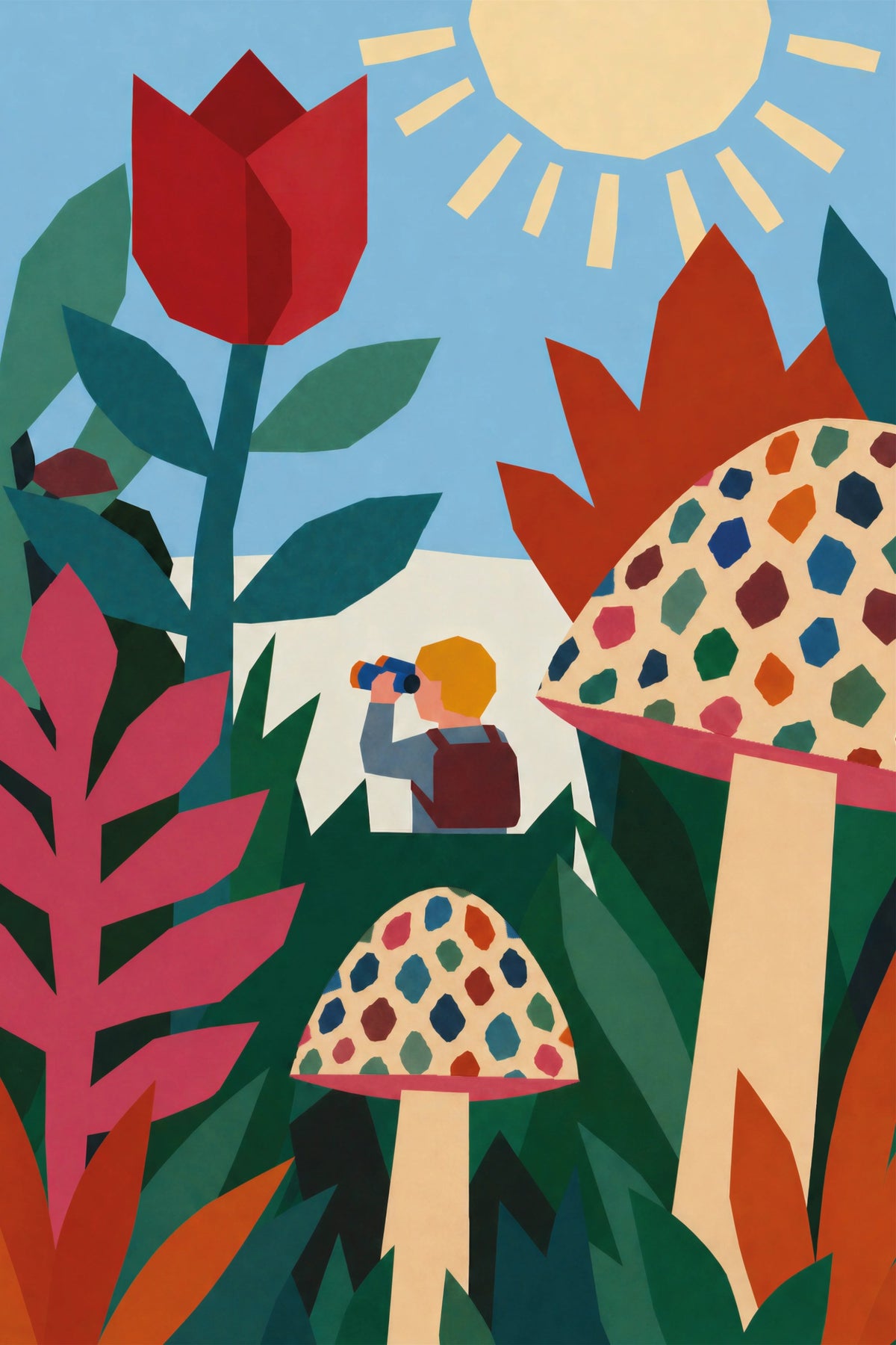 Colourful geometric art print of a small explorer with binoculars among oversized flowers, patterned mushrooms and dense green foliage.