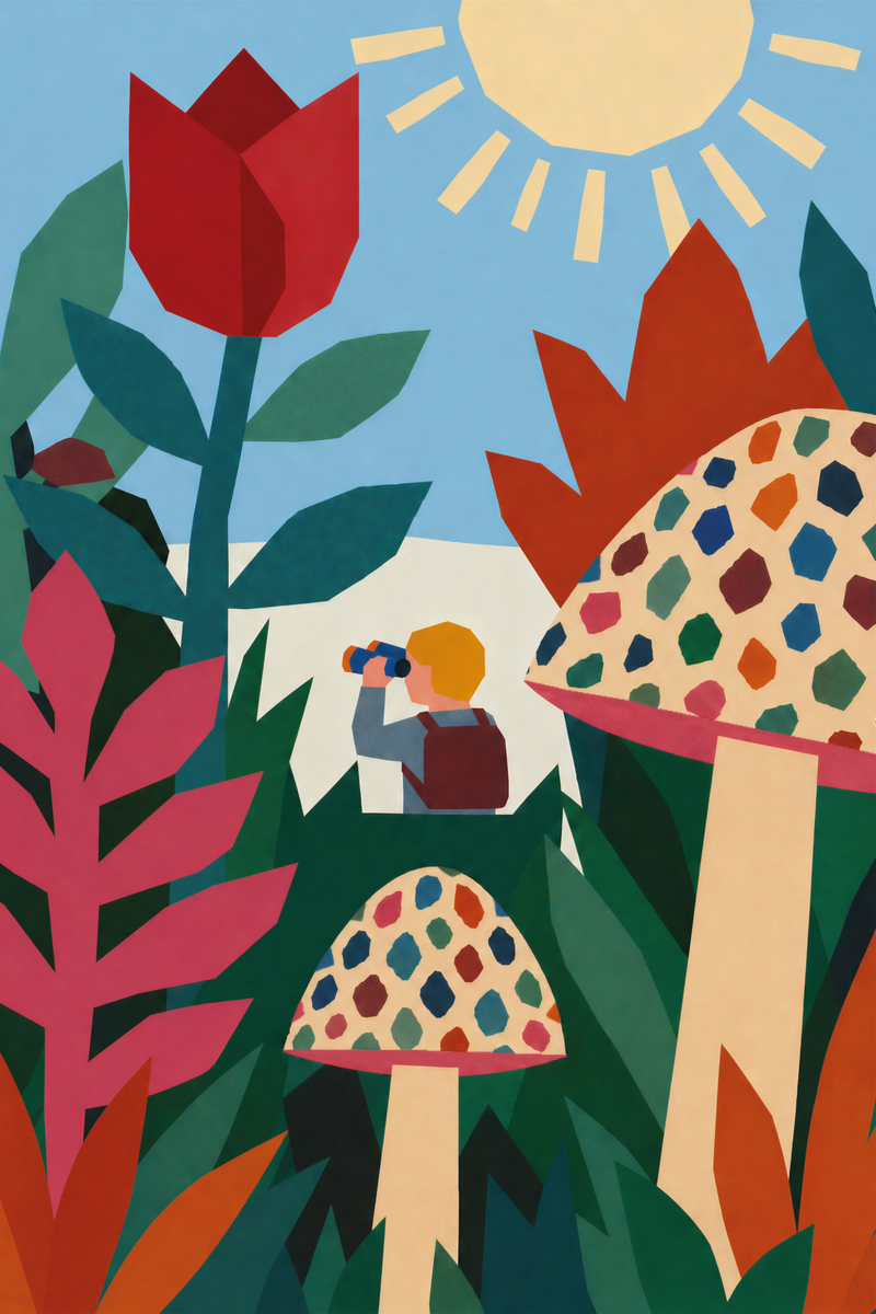 Colorful geometric art print of a small explorer with binoculars among oversized flowers, patterned mushrooms and dense green foliage.