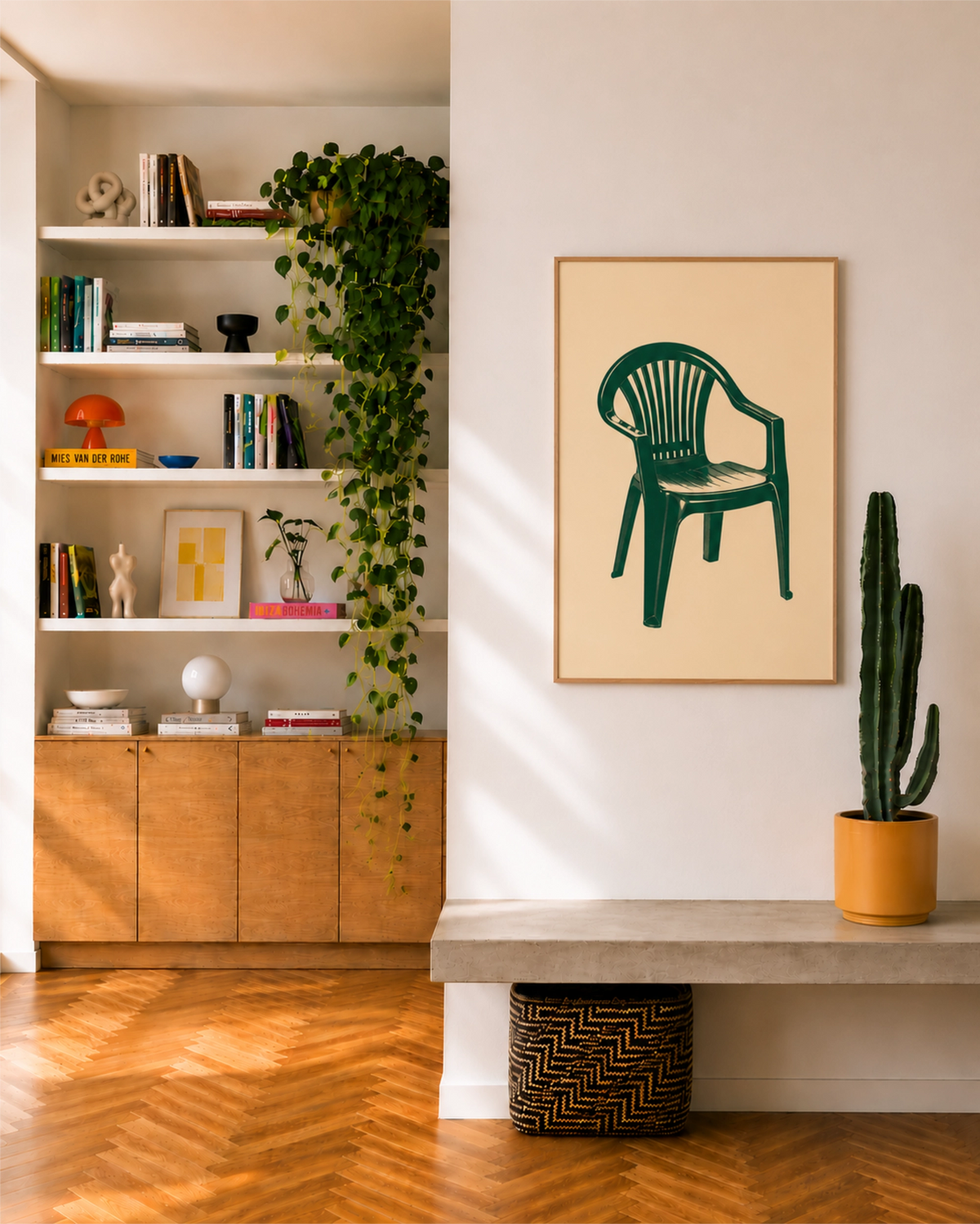 Affiche Monobloc encadrée sur un mur blanc, dans un intérieur contemporain et chaleureux avec des meubles en bois, des plantes et un cactus.
