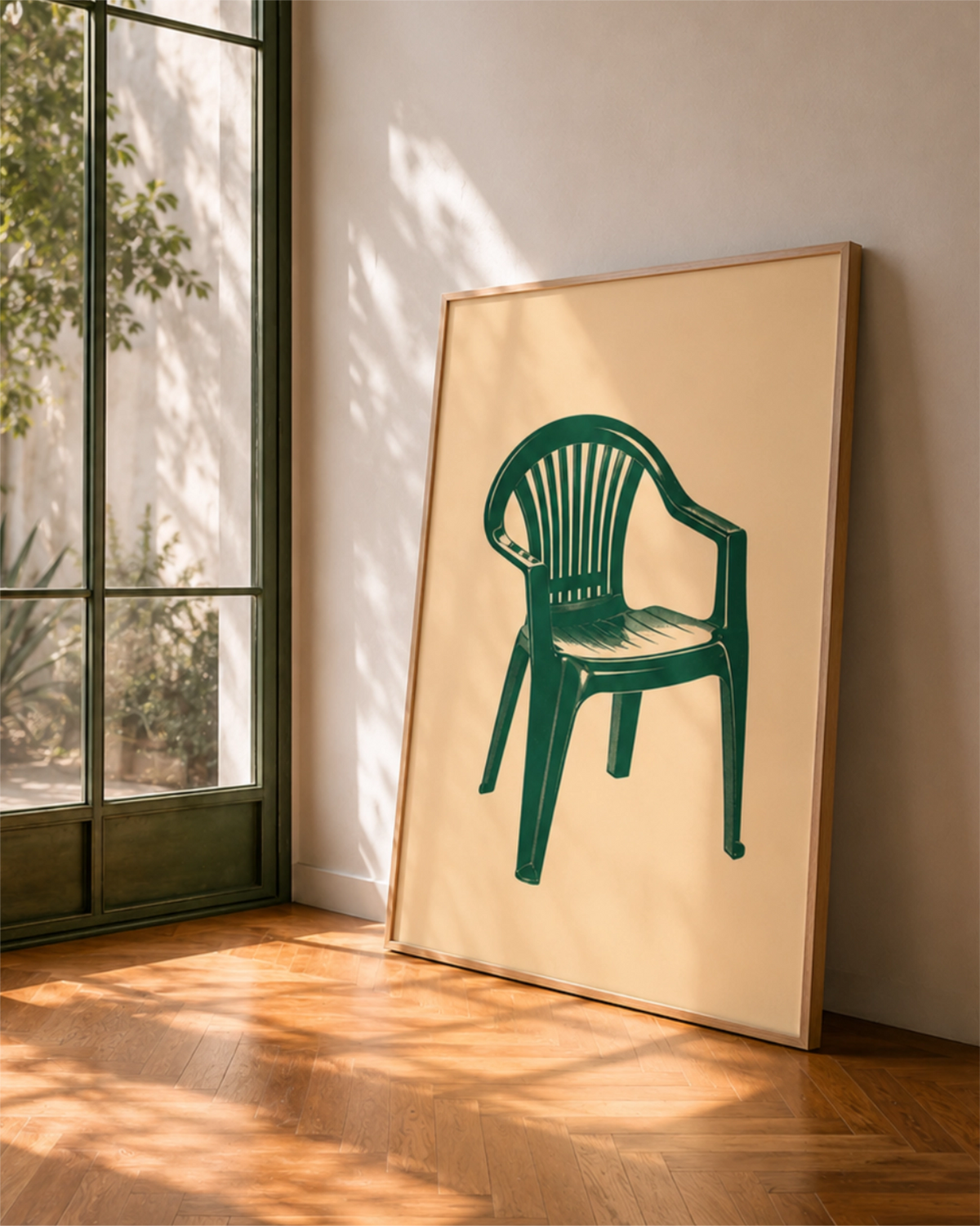 Lámina Monobloc en marco de madera natural apoyada junto a un ventanal, con una silla de plástico verde sobre fondo crema.