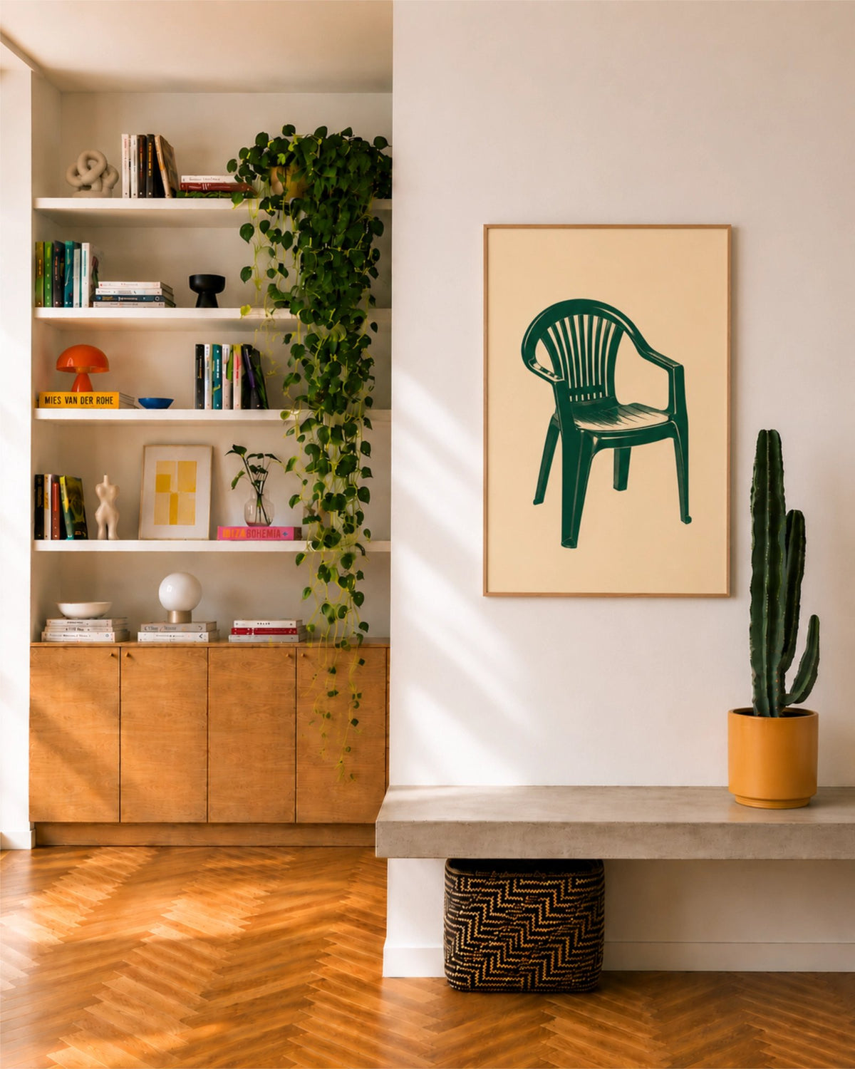 Affiche Monobloc encadrée sur un mur blanc dans un intérieur contemporain chaleureux avec meubles en bois, plantes et cactus