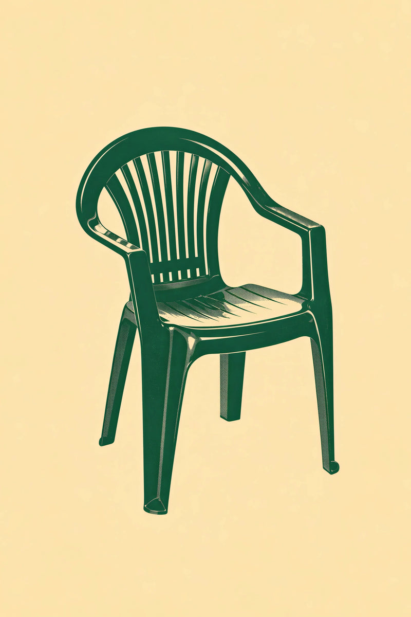 Graphic art print of a dark green plastic Monobloc chair centered on a warm cream background.
