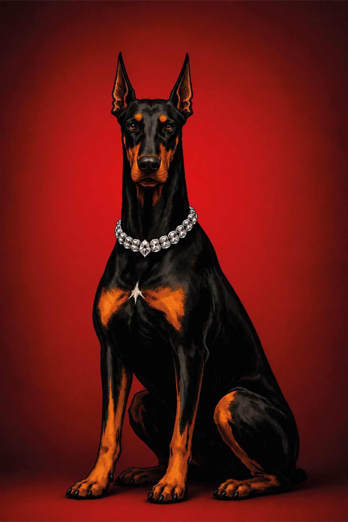Illustrated portrait of a black and tan Doberman wearing a jeweled collar against a deep red gradient background.