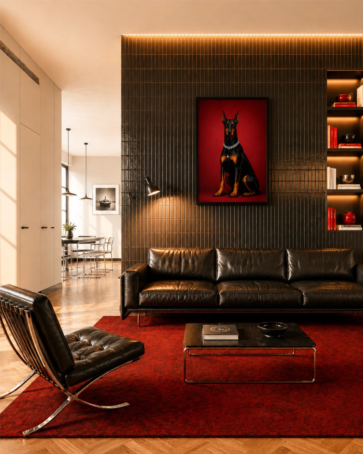 Affiche Top Dog encadrée au-dessus d’un canapé en cuir noir dans un salon contemporain avec tapis rouge profond et mur carrelé sombre