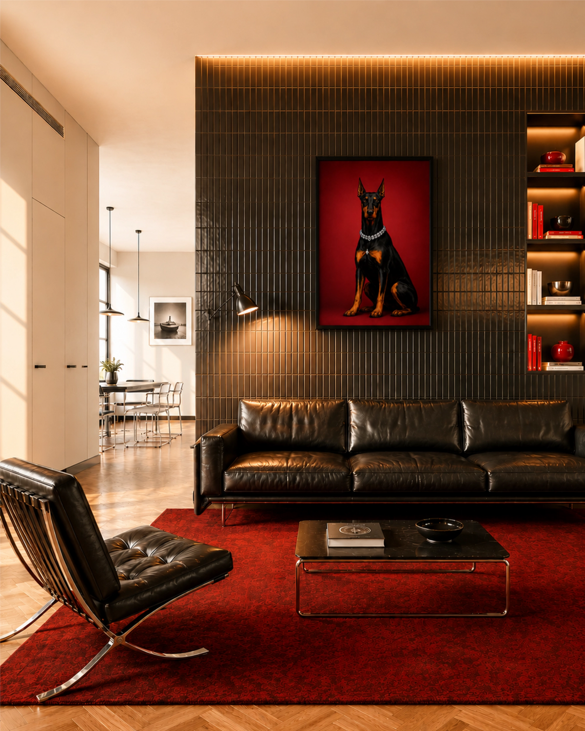 Kunstdruck Top Dog gerahmt über einem schwarzen Ledersofa in einem zeitgenössischen Wohnzimmer mit tiefrotem Teppich und dunkel gefliester Wand.