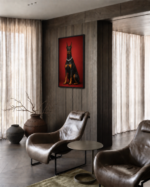Stampa d’arte Top Dog incorniciata su una parete in legno scuro in un angolo salotto minimal con poltrone lounge in pelle marrone.