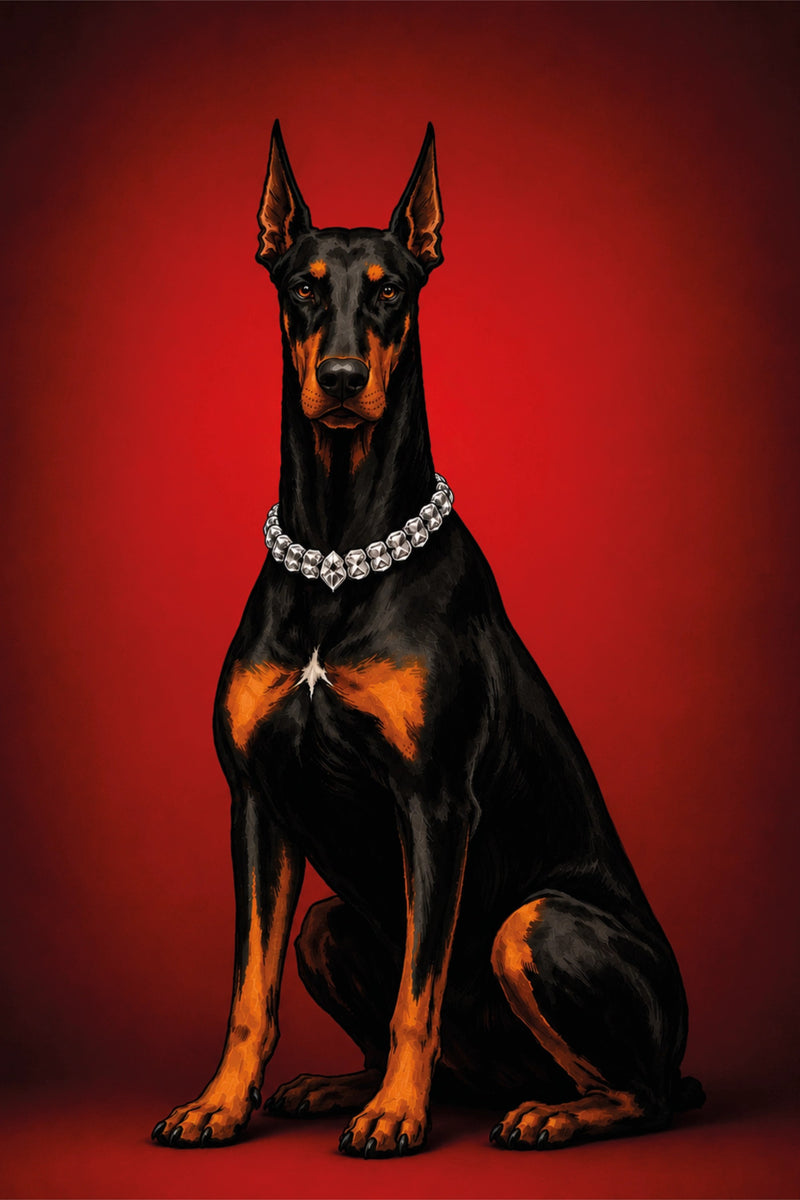 Illustrated portrait of a black and tan Doberman wearing a jewelled collar against a deep red gradient background.
