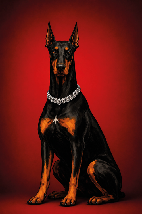 Ritratto illustrato di un dobermann nero focato con collare gioiello su uno sfondo rosso profondo sfumato.