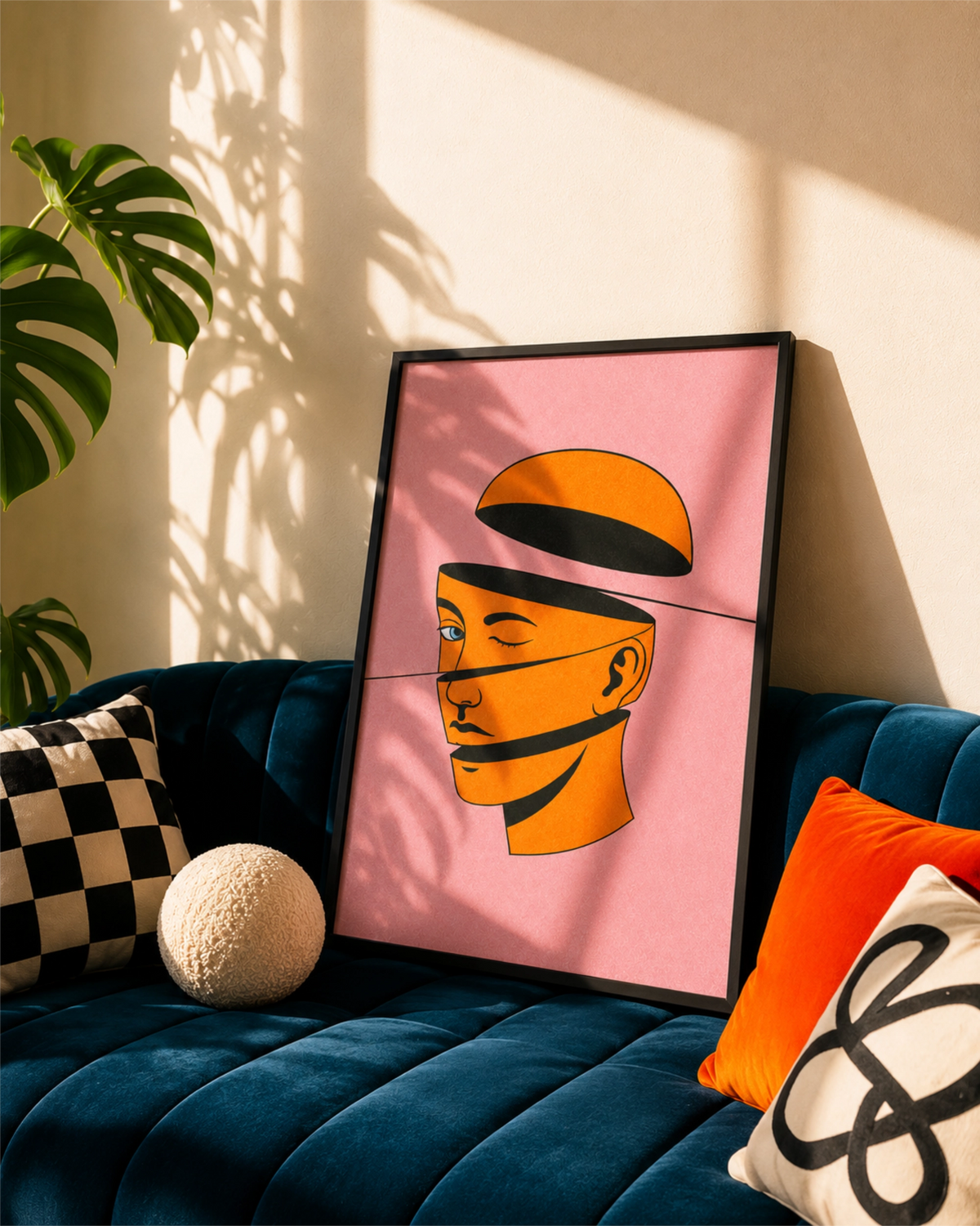 Open Mind art print in a black frame resting on a blue sofa, showing a sliced orange face on a pink background.