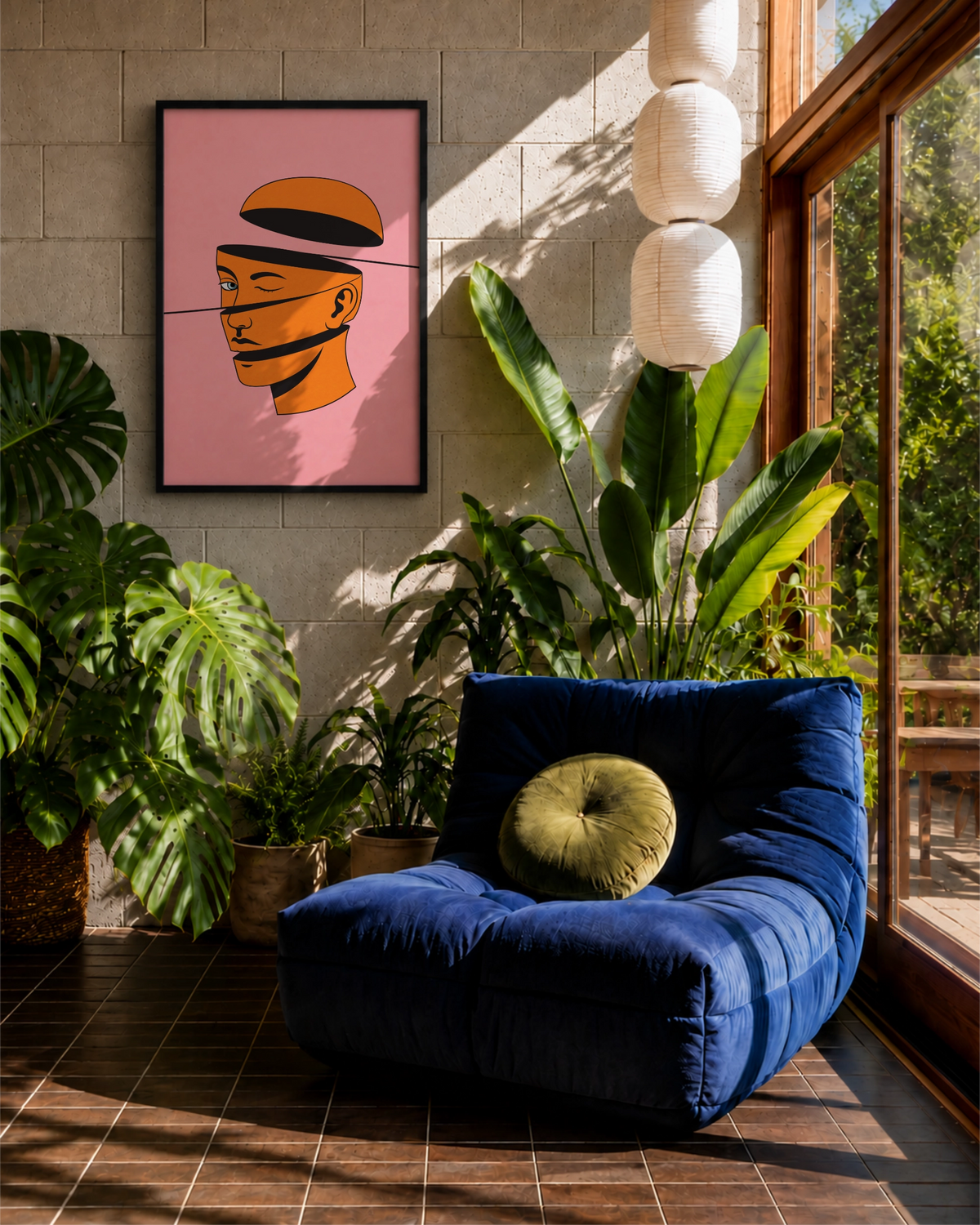 Open Mind art print in a black frame on a sunlit concrete wall, surrounded by lush tropical plants beside a deep blue lounge chair.