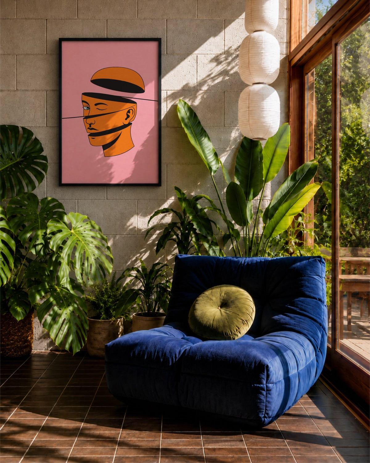 Lámina Open Mind con marco negro en una pared de hormigón al sol, entre plantas tropicales y junto a una butaca azul intenso