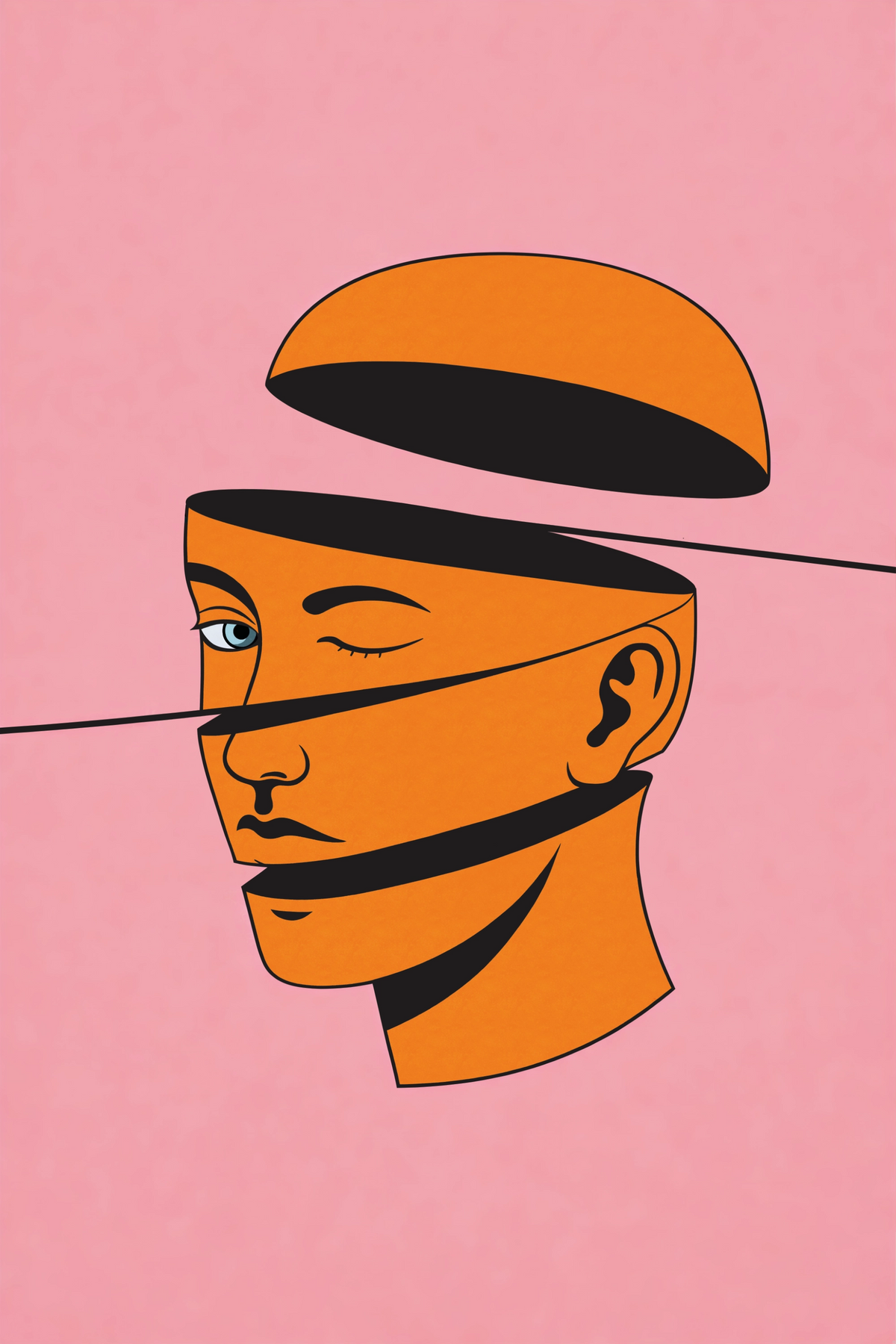 Abstract geometric portrait art print of an orange sliced face with one blue eye and black contour lines on a soft pink background.