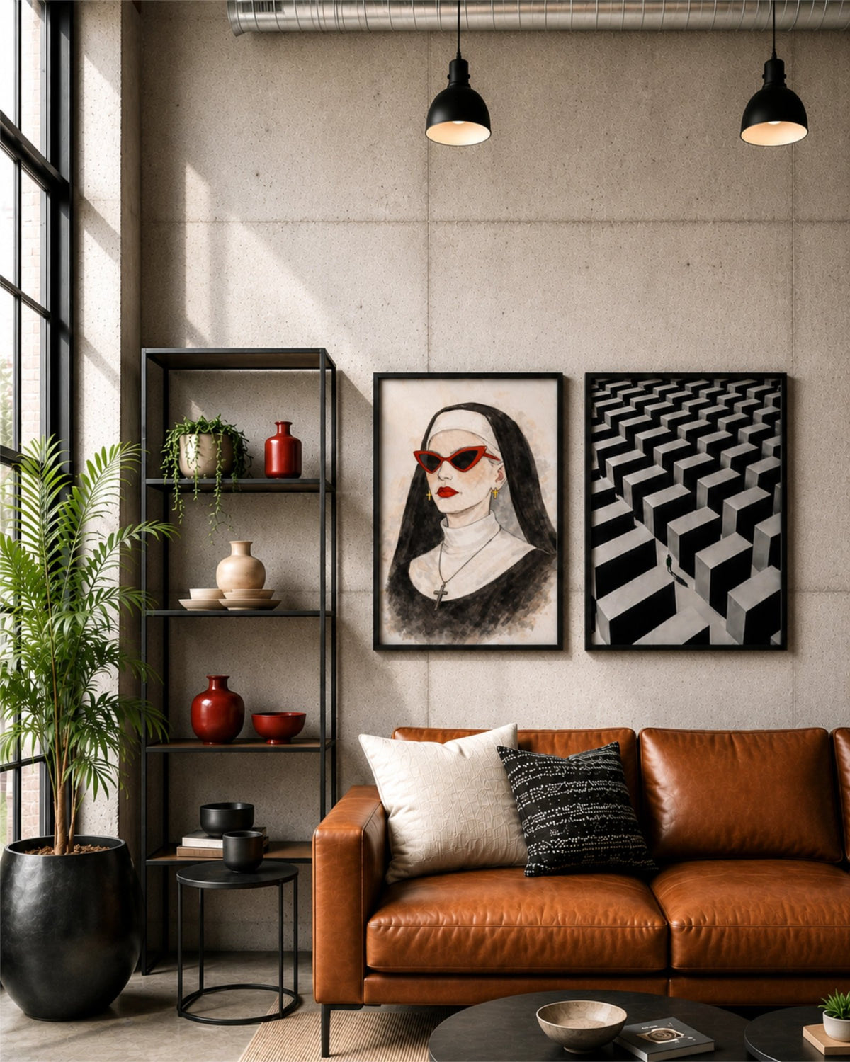 Lost in the Grid and Bad Habit art prints side by side above a brown leather sofa in an industrial living room.