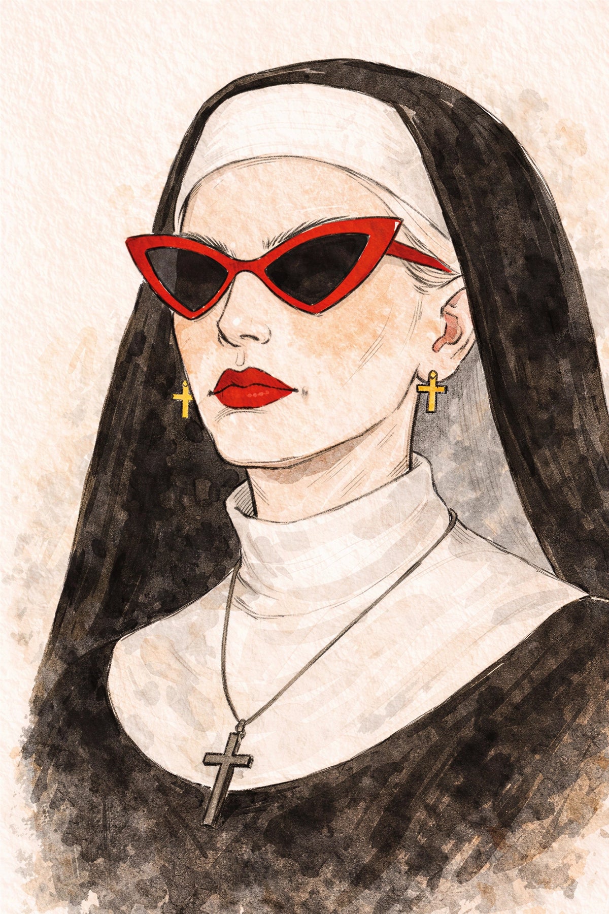 Bad Habit art print: watercolour-style portrait of a nun wearing red cat-eye sunglasses, cross earrings and a black habit on a textured neutral background.
