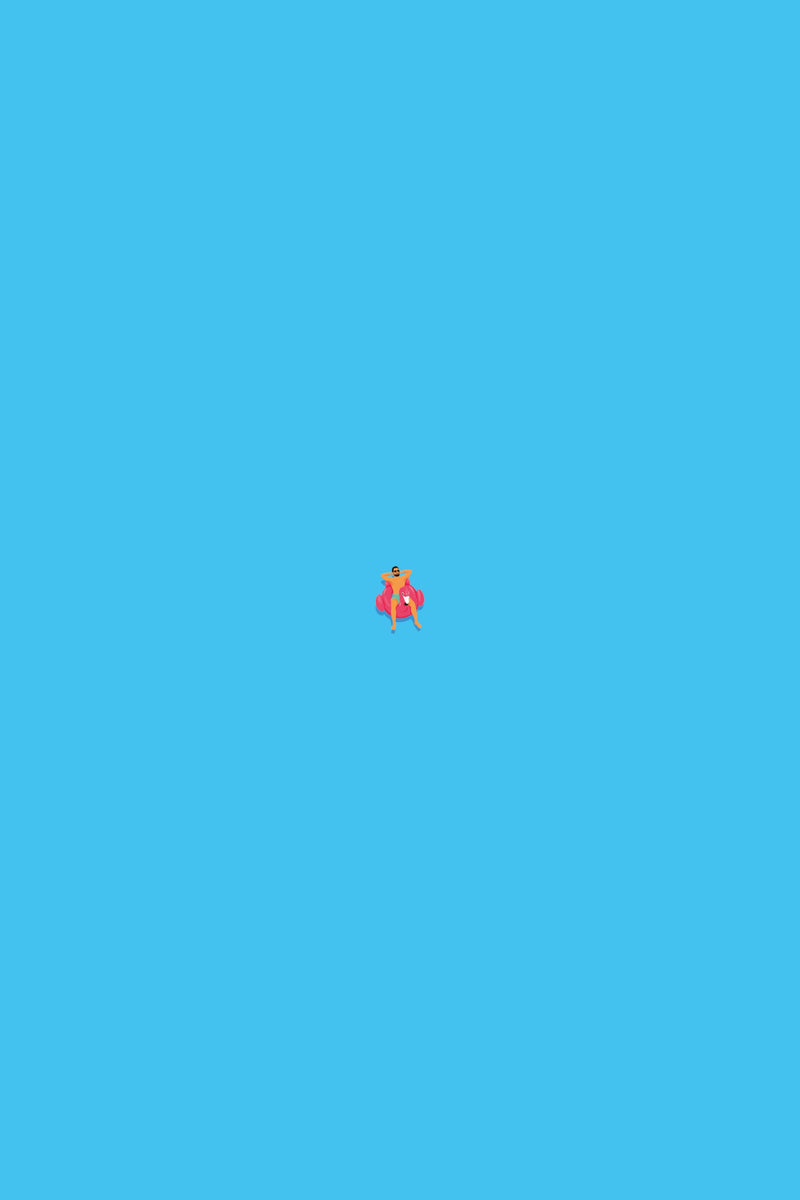 Stampa d’arte minimalista di una piscina con una minuscola figura che si rilassa su un materassino rosa in una grande distesa d’acqua blu intenso.