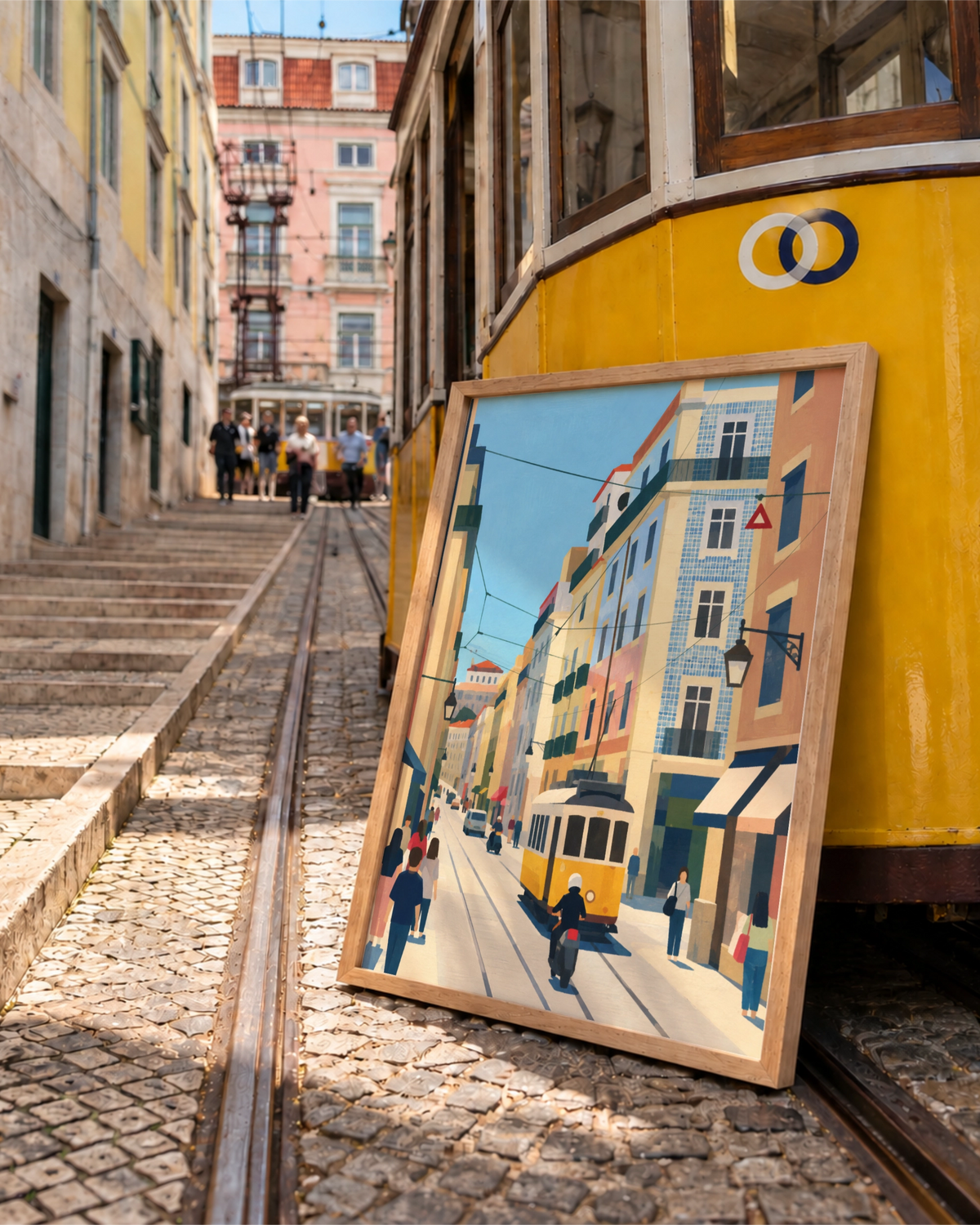 Kunstdruck Lisbon in Motion im Naturholzrahmen, angelehnt neben einer gelben Straßenbahn auf einer gepflasterten Straße in Lissabon.