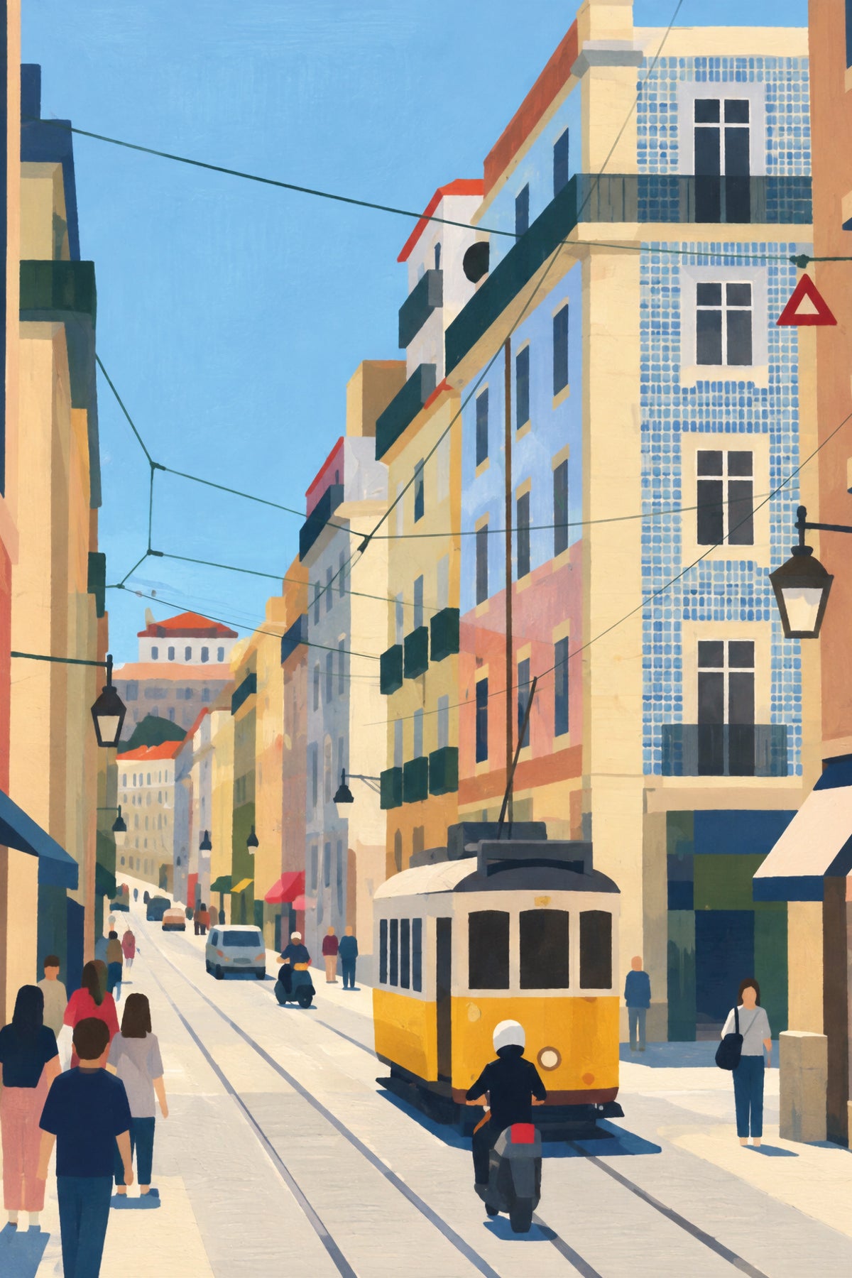 Kunstdruck Lisbon in Motion mit einer gelben Straßenbahn in einer sonnigen Straße in Lissabon, gesäumt von gefliesten Fassaden, Balkonen und Oberleitungen.