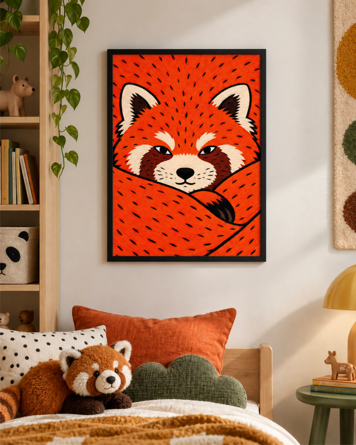 Affiche Red Panda dans un cadre noir au-dessus d’un lit d’enfant, dans une chambre chaleureuse aux touches orange et vertes.
