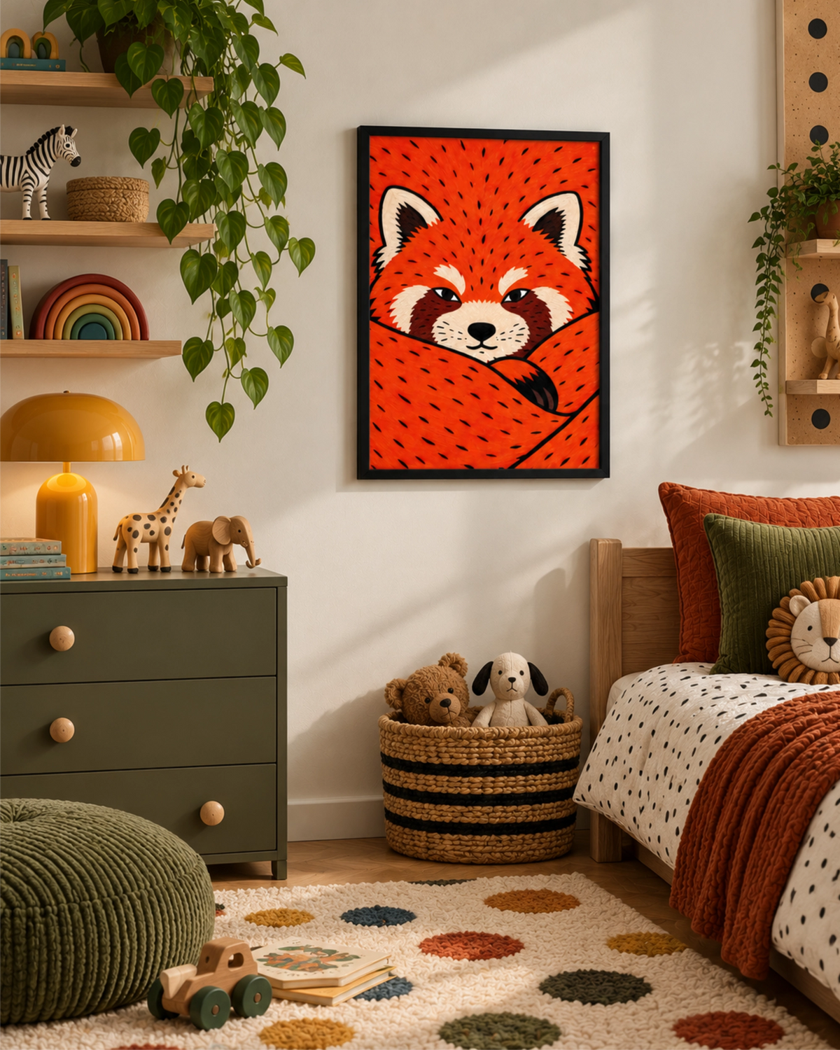 Affiche Red Panda dans un cadre noir, dans une chambre d’enfant ludique avec des meubles verts, des plantes et des touches d’orange chaleureuses.