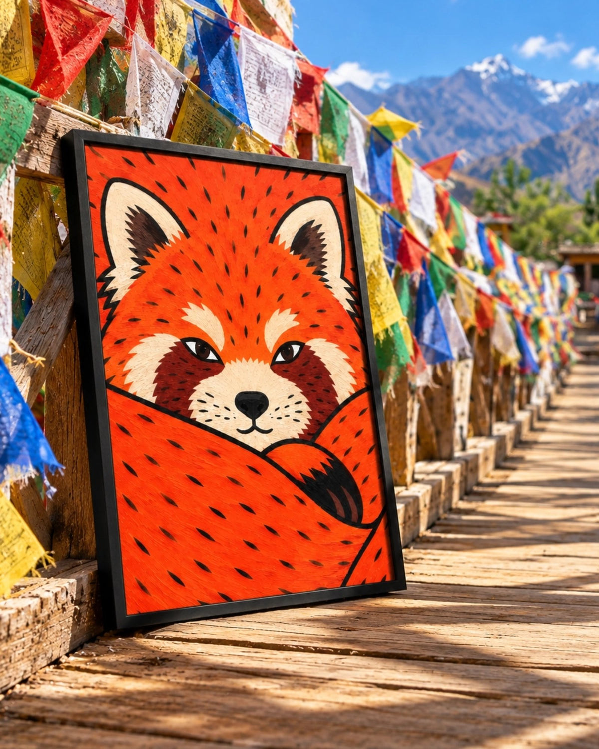 Lámina Red Panda con marco negro en un dormitorio infantil cálido