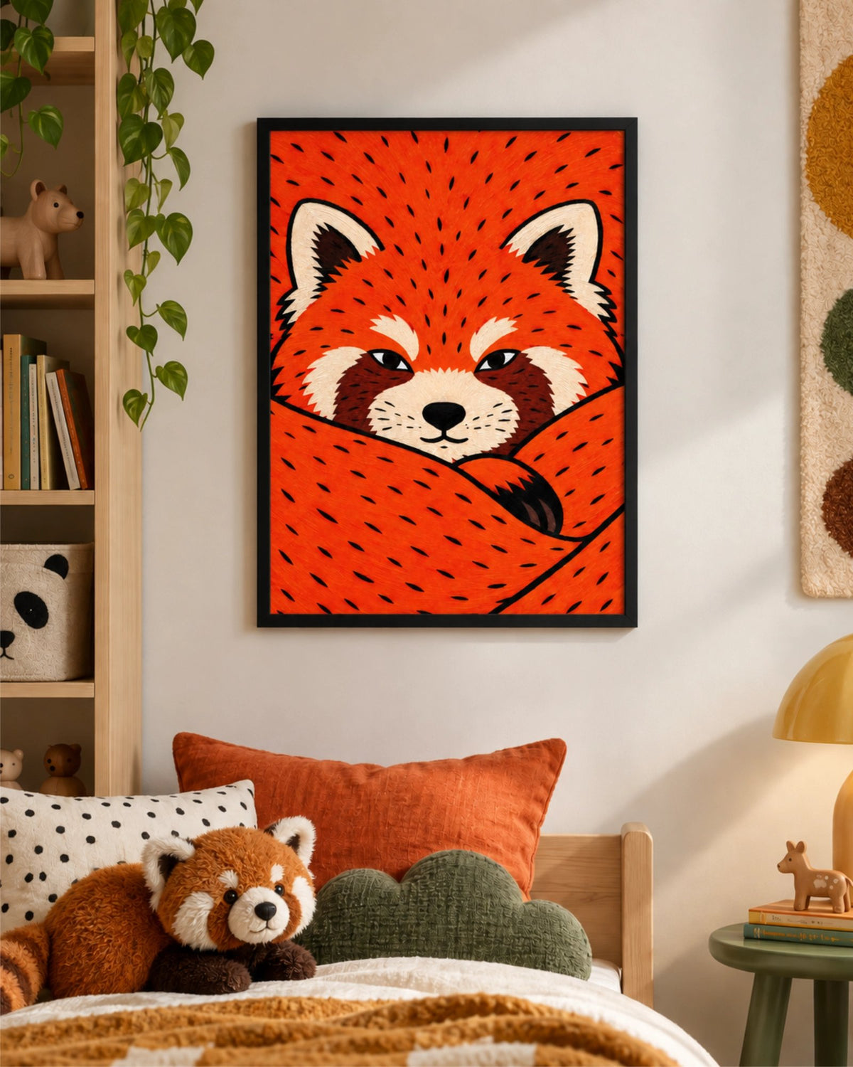 Lámina Red Panda con marco negro sobre una cama infantil en un dormitorio cálido con toques naranjas y verdes