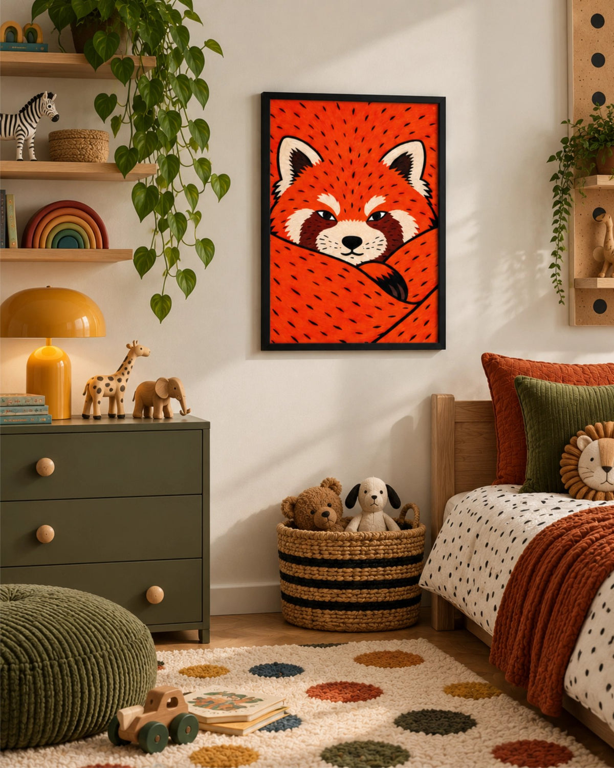 Lámina Red Panda con marco negro en un dormitorio infantil alegre con muebles verdes, plantas y toques naranjas