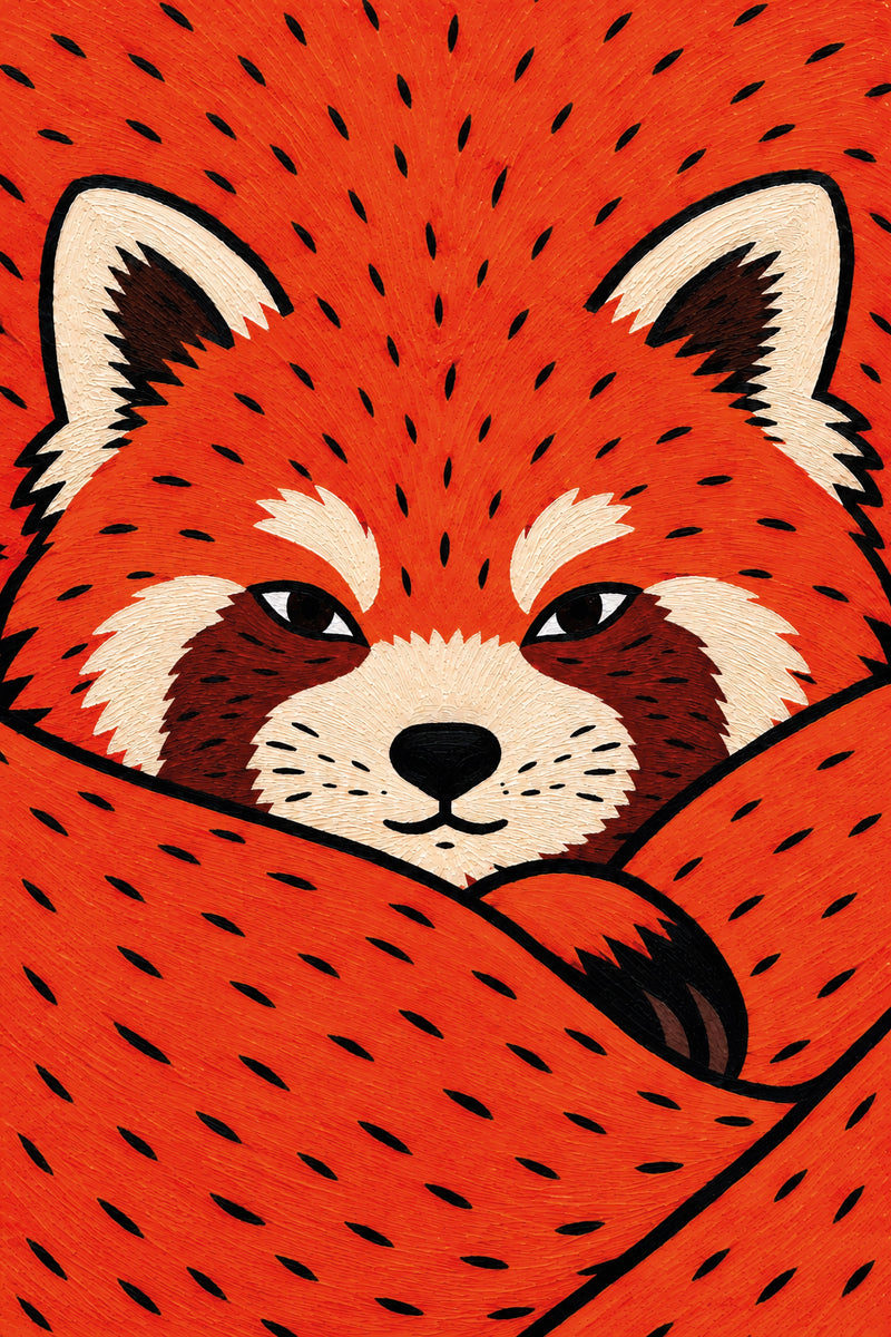 Red Panda art print featuring a curled red panda in rust orange, cream and black with textured brushwork and a close-up frontal gaze.