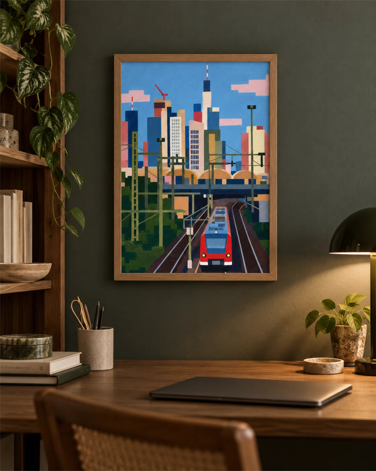In Transit art print in a natural wood frame above a wooden desk in a dark green home office with plants and a black lamp.