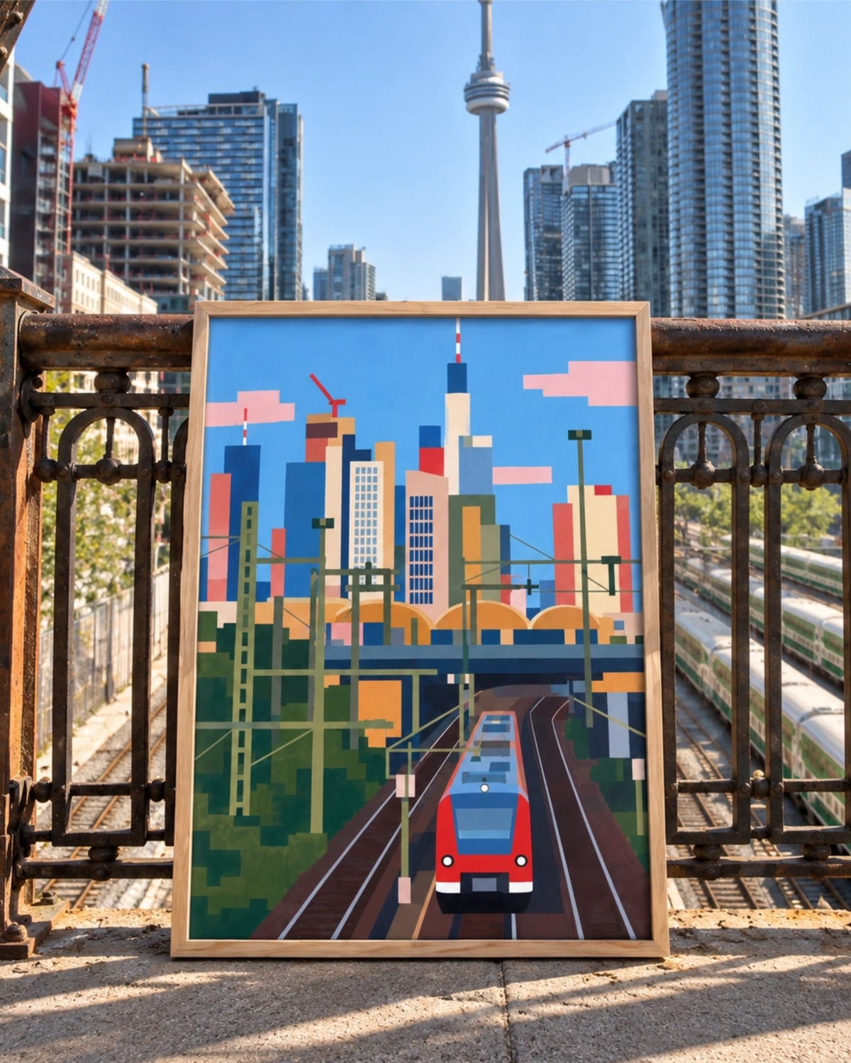 In Transit art print in a natural wood frame displayed beside railway tracks with the Toronto skyline and CN Tower in the background.